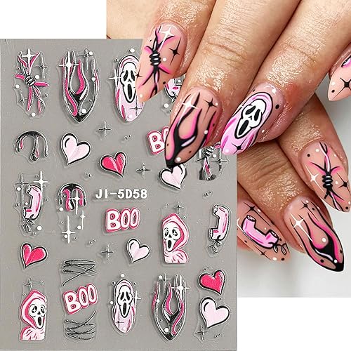 Miniatura 4 de Calcomanías 5D para arte de uñas de Halloween, 6 hojas adhesivas de calaveras deslizantes, expresiones horrorizadas, símbolos, extraterrestres,