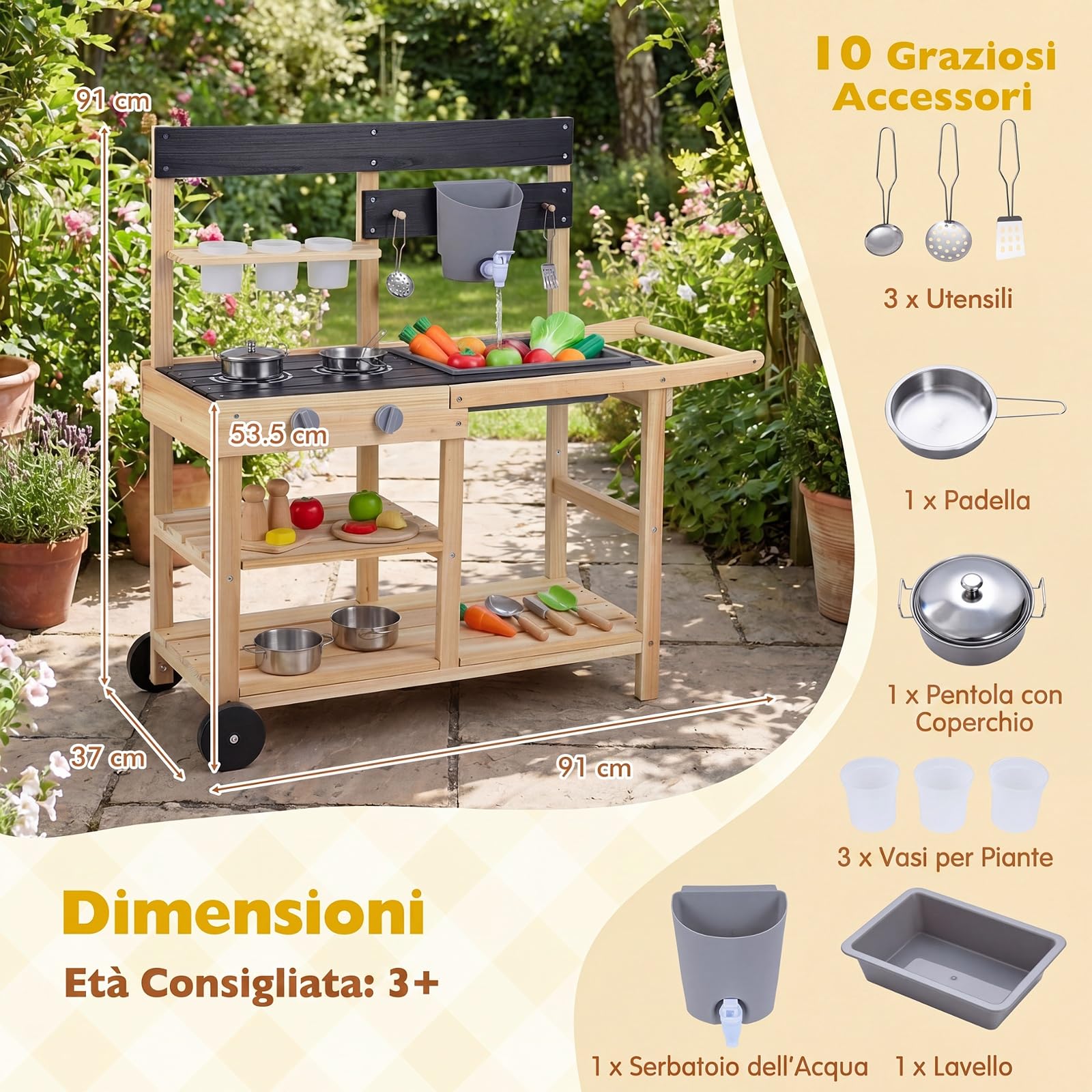 COSTWAY Cucina Giocattolo per Giardino, Cucina da Esterno per Bambini | con Pentola, Padella, Utensili da Cucina, Vasi da Fiori, Lavandino, Serbatoio e Lavagna, per Bambini 3+ Anni, 91 x 37 x 91 cm