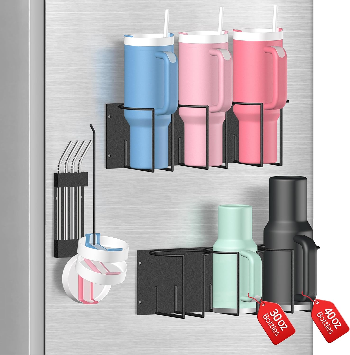 Magnetic Stanley Cup Holder for Fridge - Water Bottle Organizer for Stanley 40 oz Tumblers with Tumbler Lid Organizer & Straw Holder, Magnetic Tumbler Organizers for Stanleys Cup Accessories 30oz