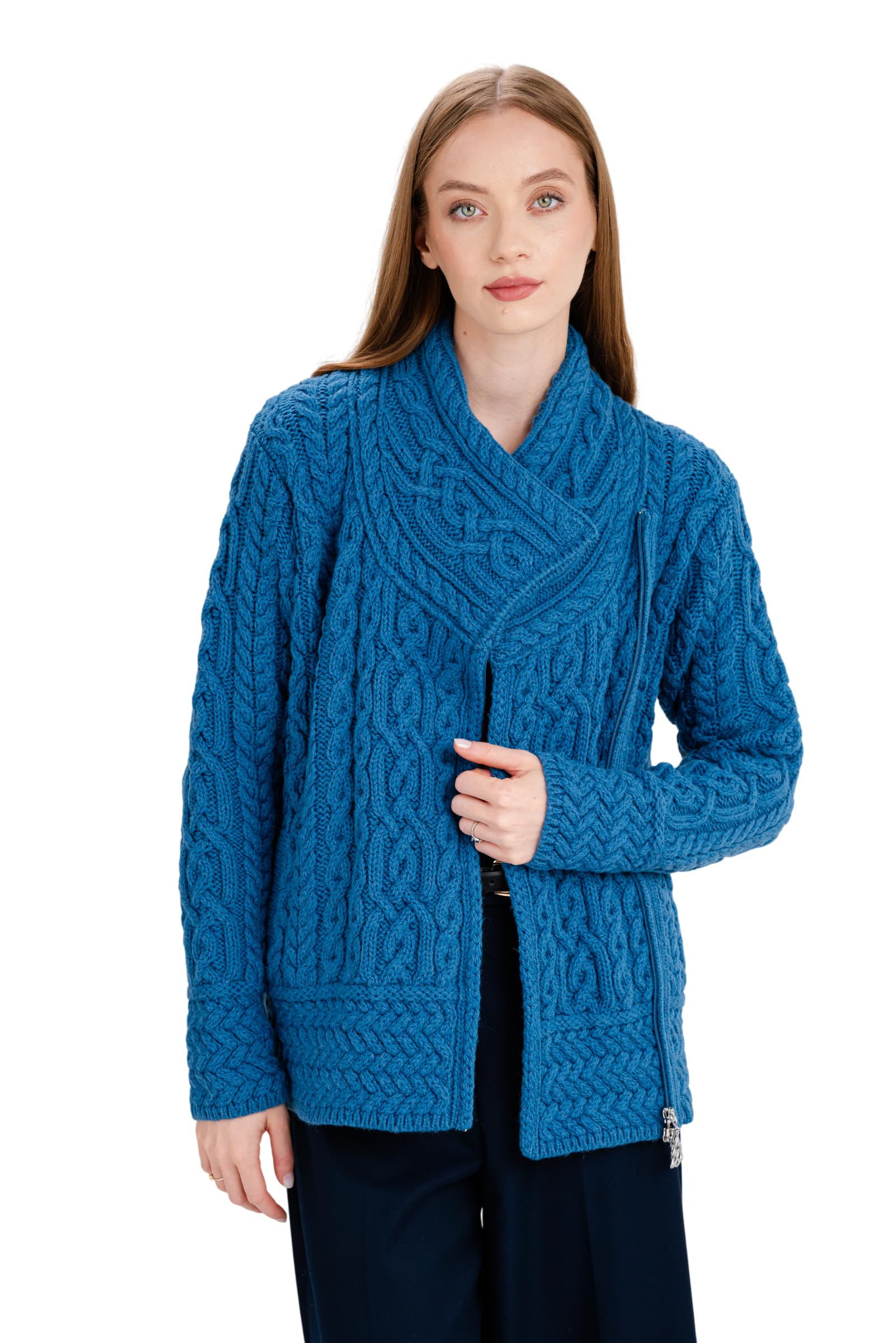 SAOL Irisch Cardigan für Damen aus 100% Merinowolle Irland Sweater Zopfmuster Reißverschluss Jacke