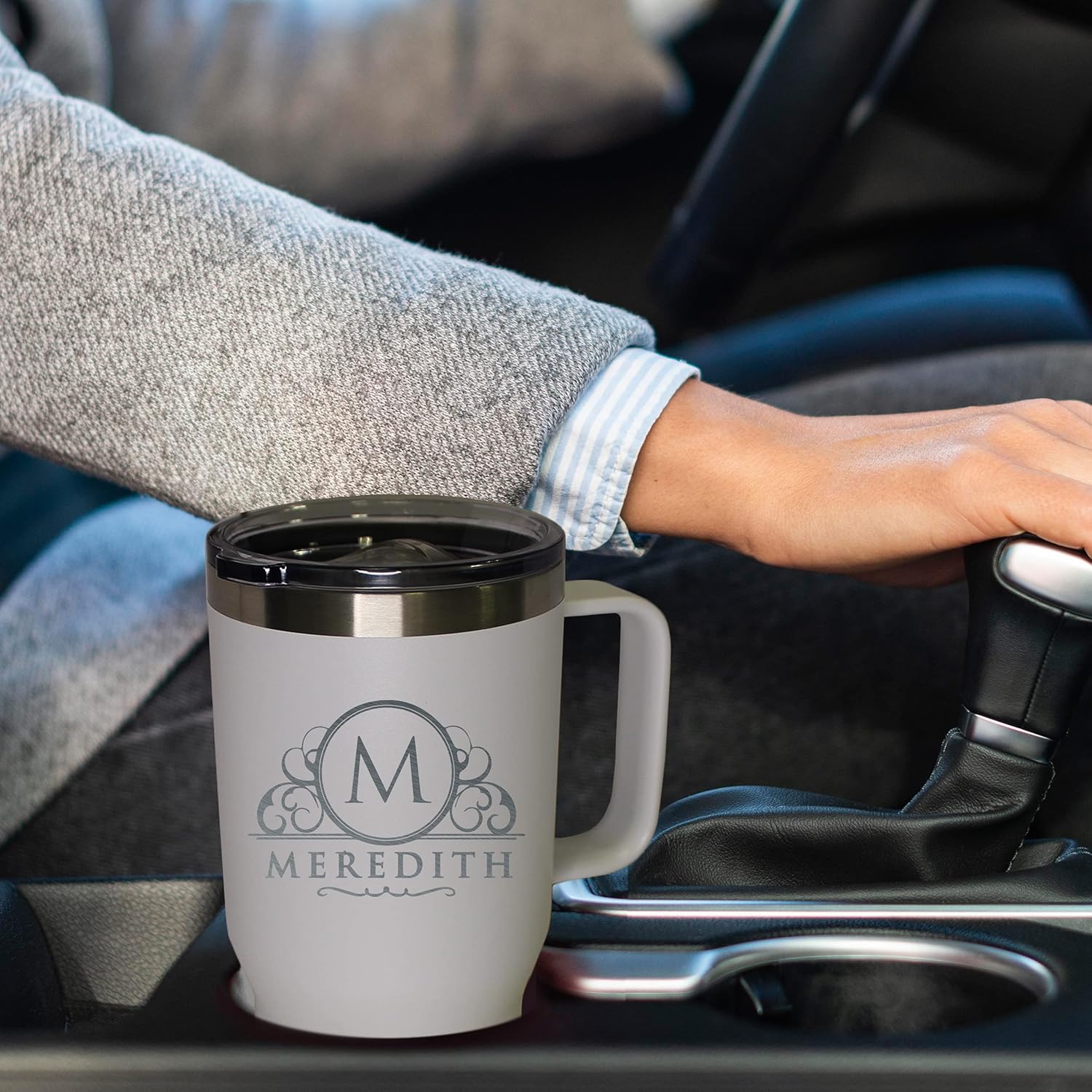 Personalized 20 oz Stainless Steel Powder Coated Vacuum Insulated Double Walled Travel Tumbler Coffee Mug with Handle and Lid (White) - Image 5