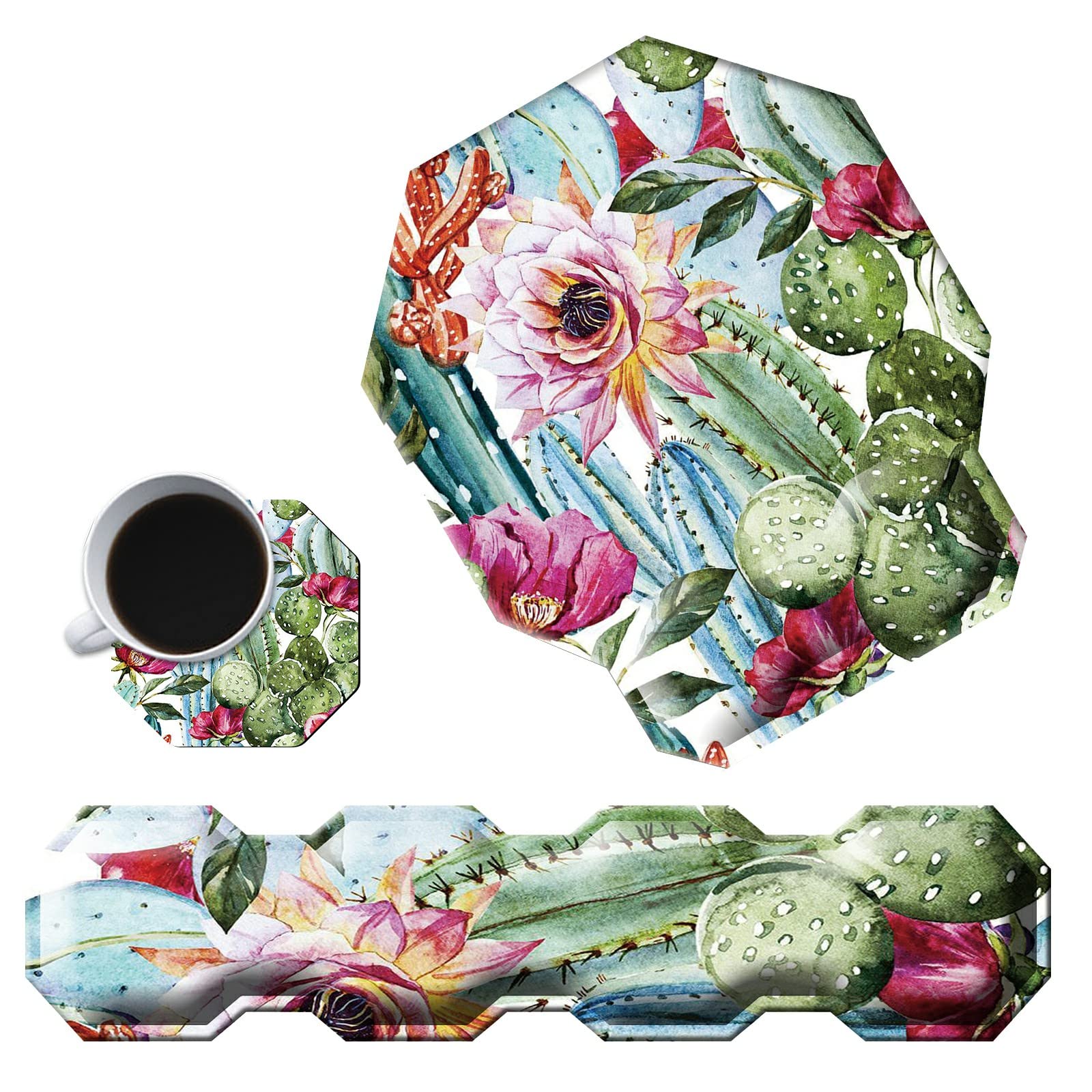 Cactus Succulent Keyboard Wrist Support Pad Mouse Pad with Wrist Rest Matching Coasters, Ergonomic Gaming Mousepad Wrist Cushion Gel Memory Foam Easy