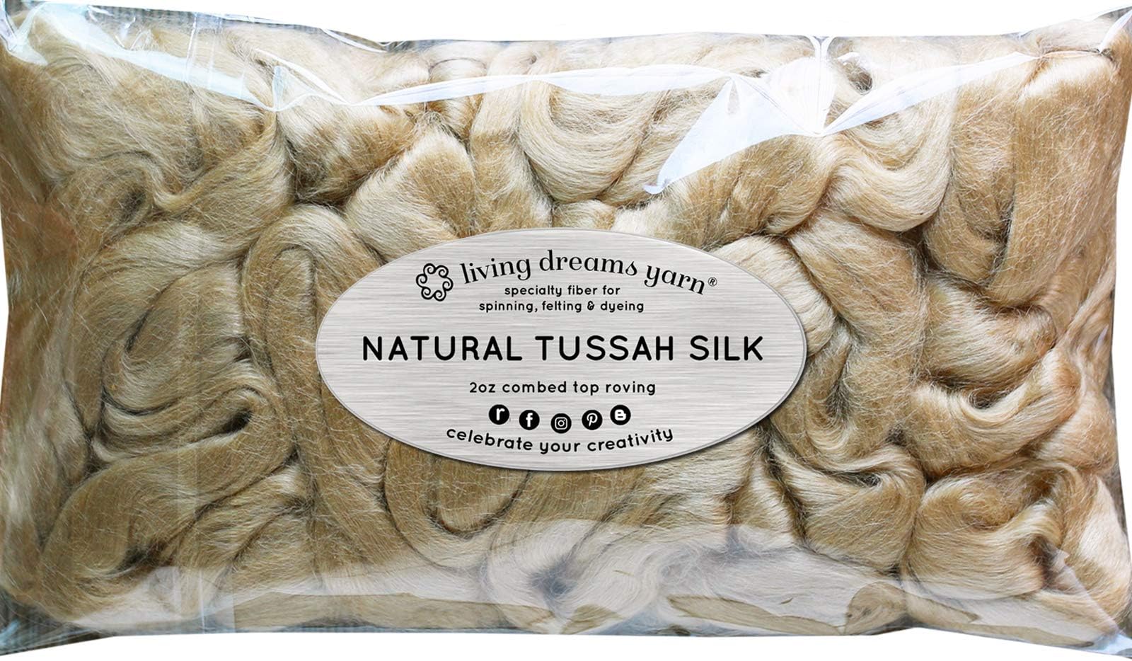 Living Dreams Yarn Tussah Silk Fiber for Soap Making, Spinning, Blending, Felting, Dyeing, and Paper Making. Premium Grade Natural Golden Combed Top Roving.