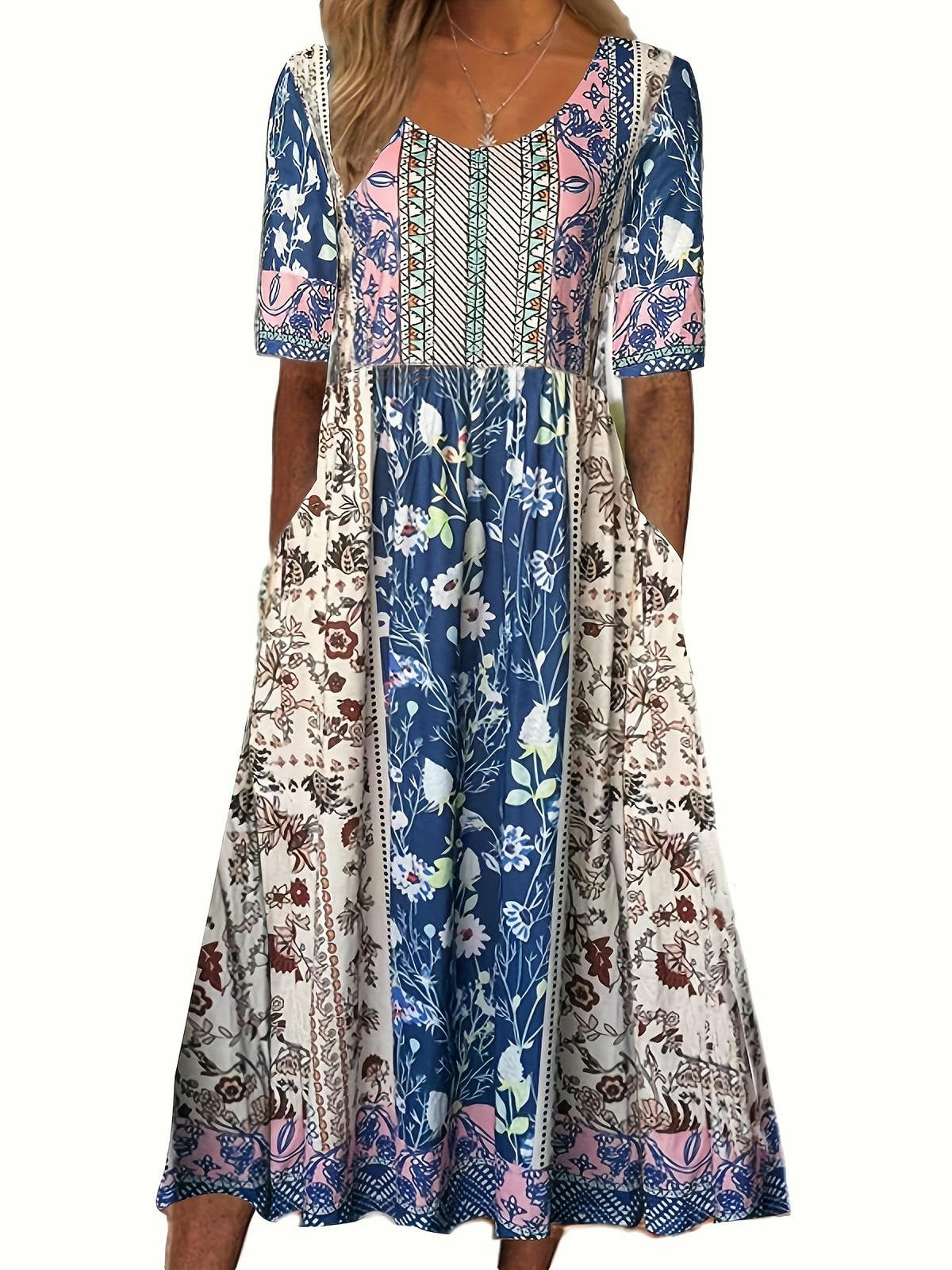 Abiti da Donna Abito Lungo A Manica Corta da Donna Rotonda da Donna con Abito Stampato-c-XL