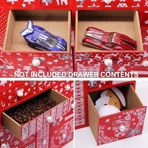 Vista 6 de Juegoal Calendario de Adviento rojo con cuenta regresiva de 24 cajones para Navidad, Adviento de madera recargable, 15 pulgadas de alto