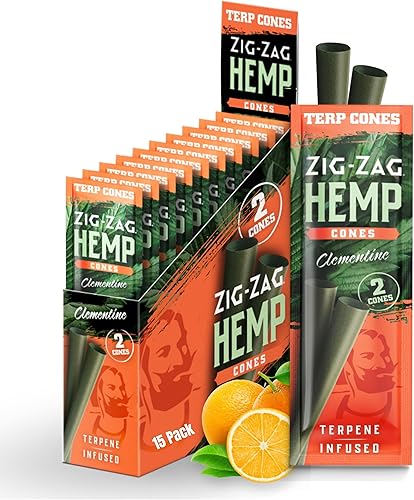 ZIG-ZAG Clementine Conos de Cáñamo - Naturales, Sin OMG, Preenrollados, 2 Conos por Paquete, Paquete de 15 Unidades para Exhibición