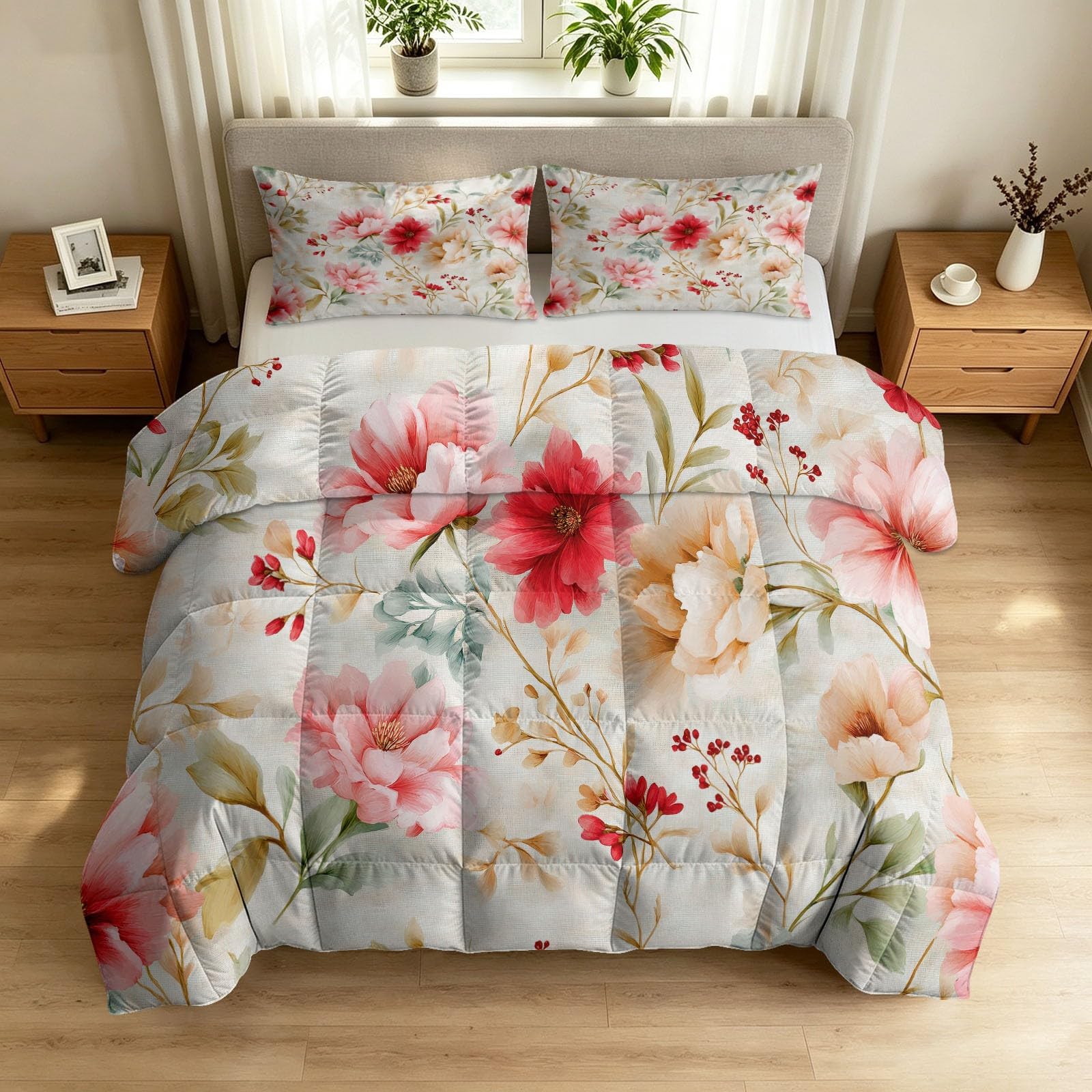 Générique Trapunta senza copripiumino vintage floreale 220 x 240 cm Flower Branch Trapuntato Trapuntato Estivo con 2 Federe Cuscini Bianco Set da Letto Matrimoniale Reversibile Morbido Lavabile in