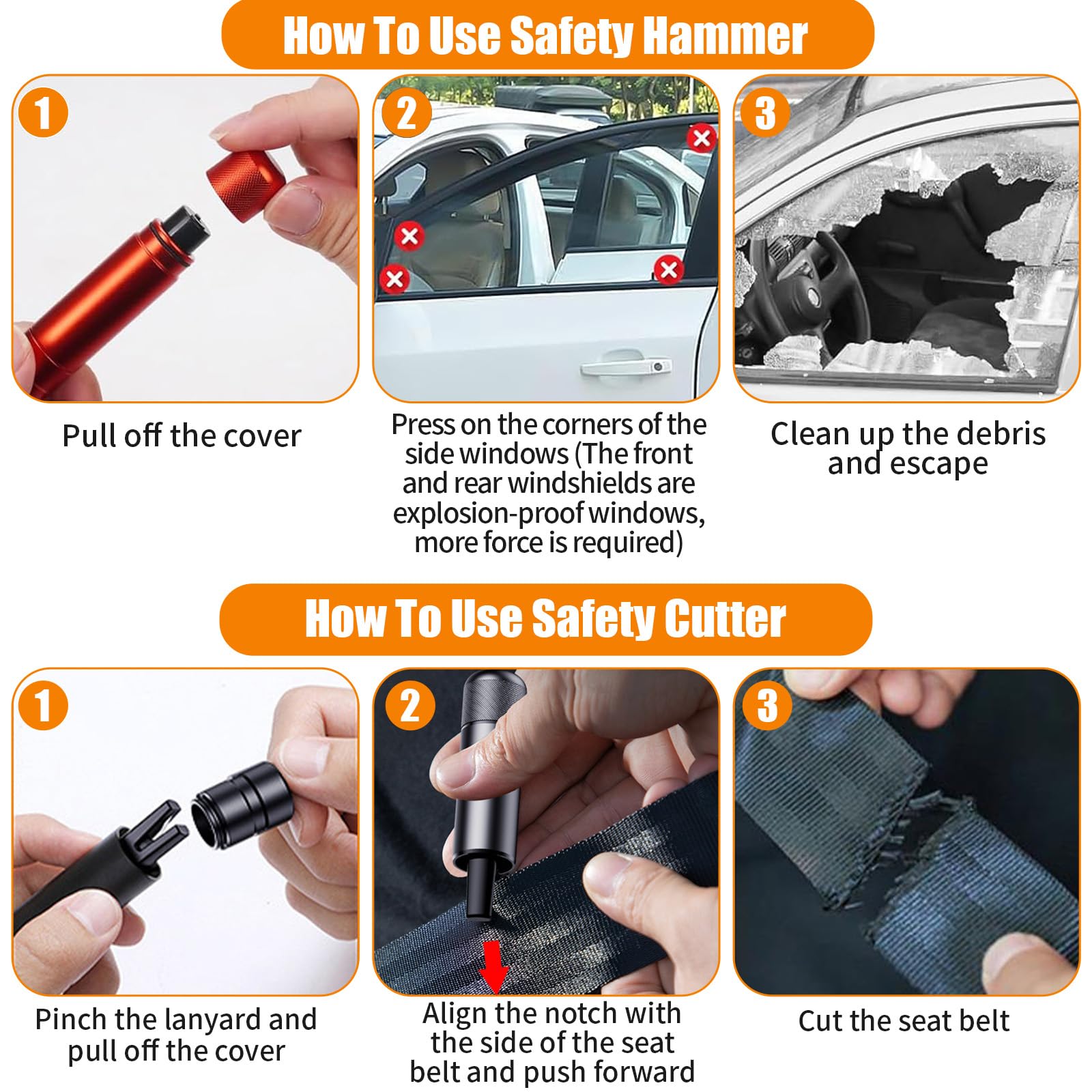 Kit Sécurité Voiture 2 Marteaux Brise-vitre + Coupe-ceinture - Inclut Socles, Sifflets, Verre Test, Pour Urgence Accident