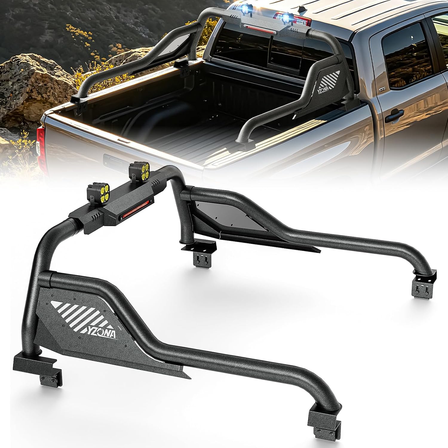 YZONA Sport Roll Bar for Pickup Trucks, Adjustable 56"-65" Bed Chase Rack w/LED Lights Compatible with Chevy Silverado/Sierra 1500, Toyota Tundra, Nissan Titan, Jeep Gladiator, Nissan Frontier, F-150