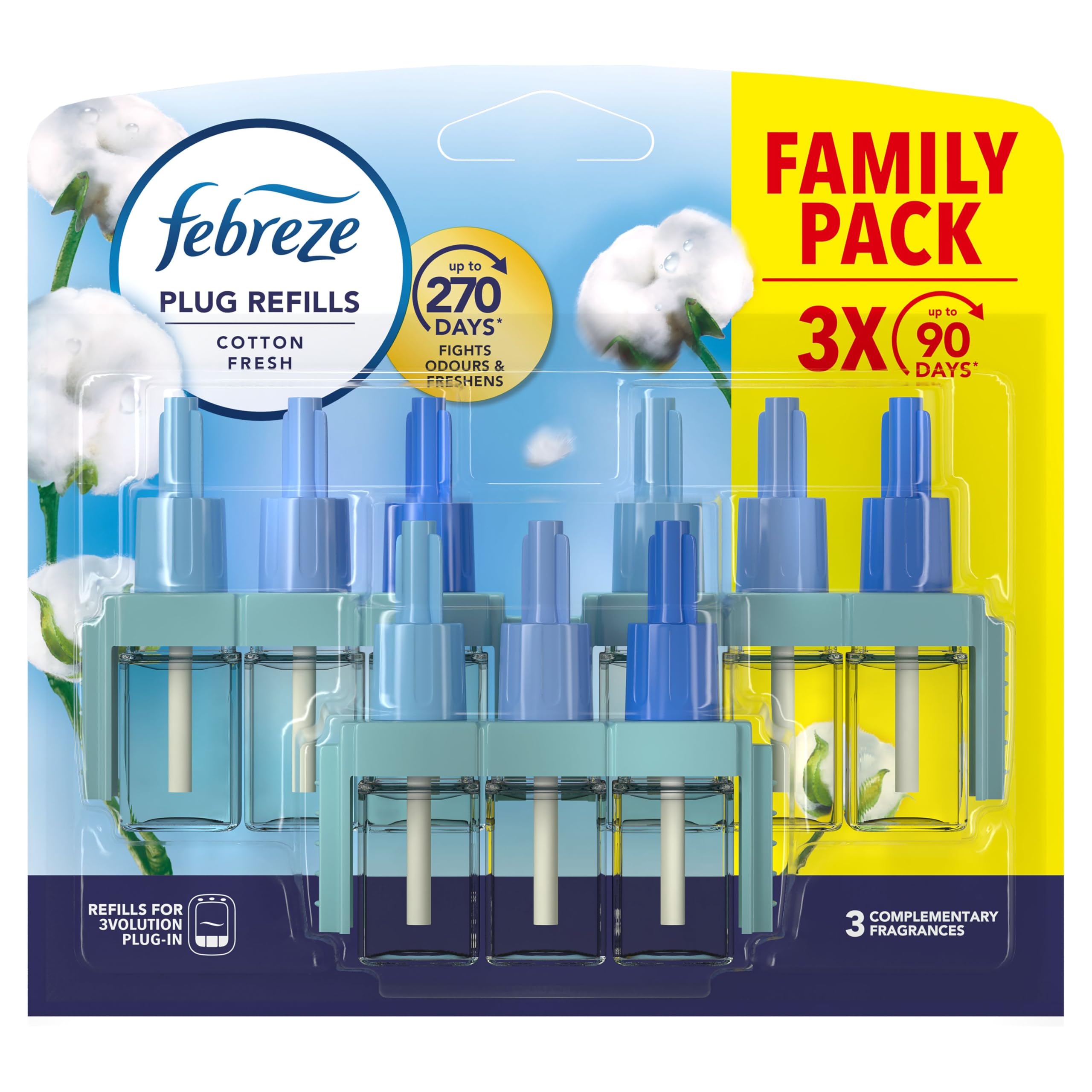 Febreze 3Volution Air Freshener Plug In Refill 60ML Cotton Fresh, 3 Alternating Scents To Clean Away Odours