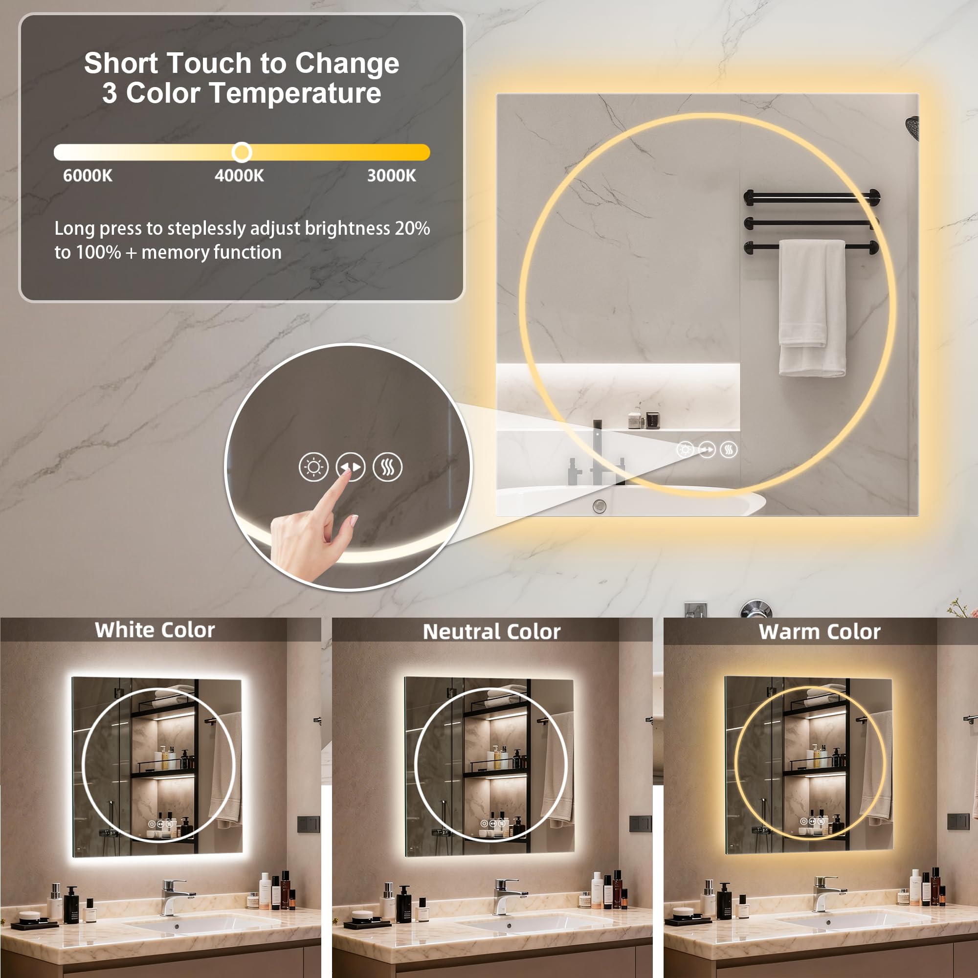 LUVODI Miroir de Salle de Bain avec éclairage, 70 x 70 cm, Miroir Mural et Interrupteur Tactile, IP65 LED, avec Fonction mémoire, 3 températures de Couleur, Horizontale/Verticale, Verre trempé HD