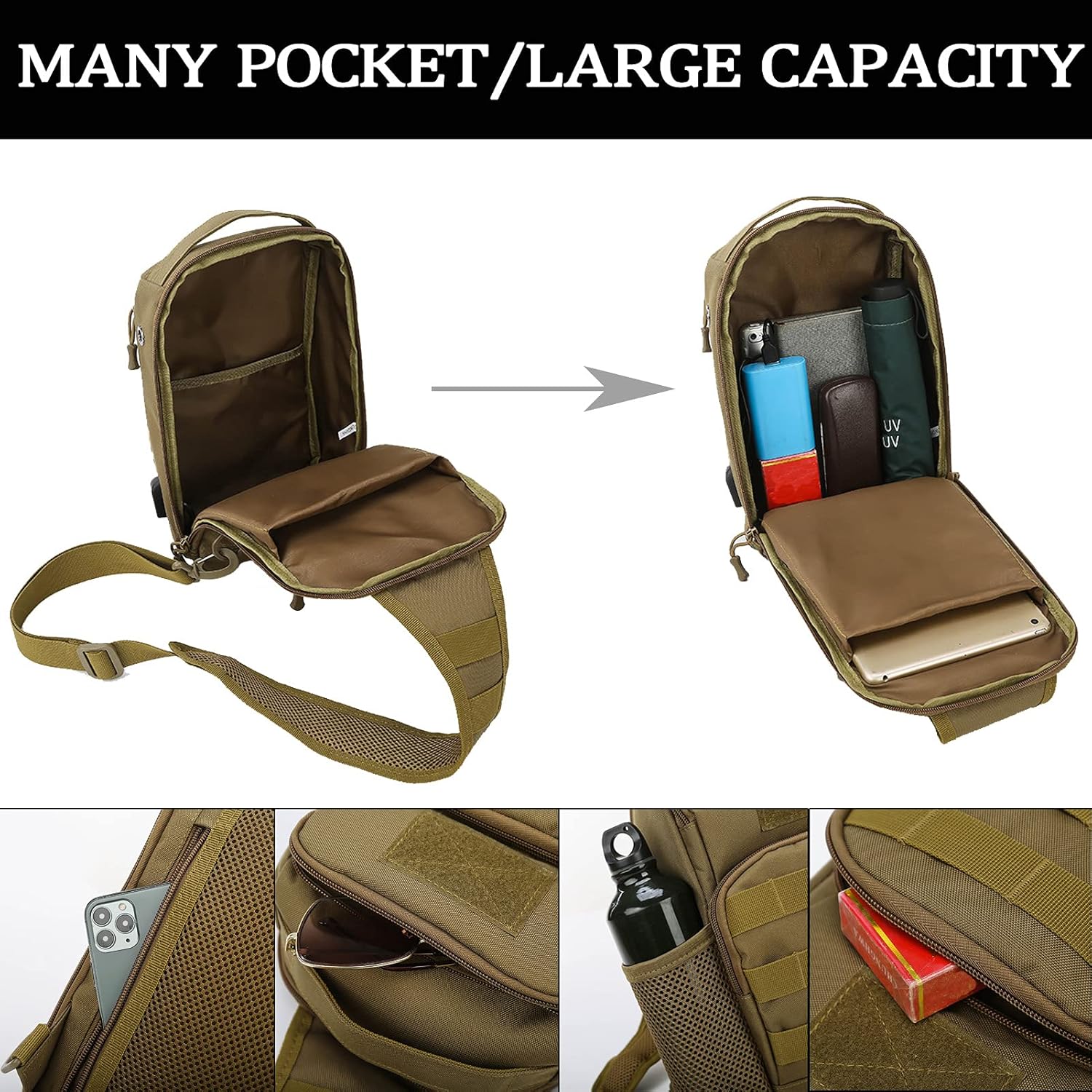 Valinov Tactical Shoulder Bag,Molle Shoulder Backpacks,Military Sling Daypack Backpack with USB Charging port - Image 4