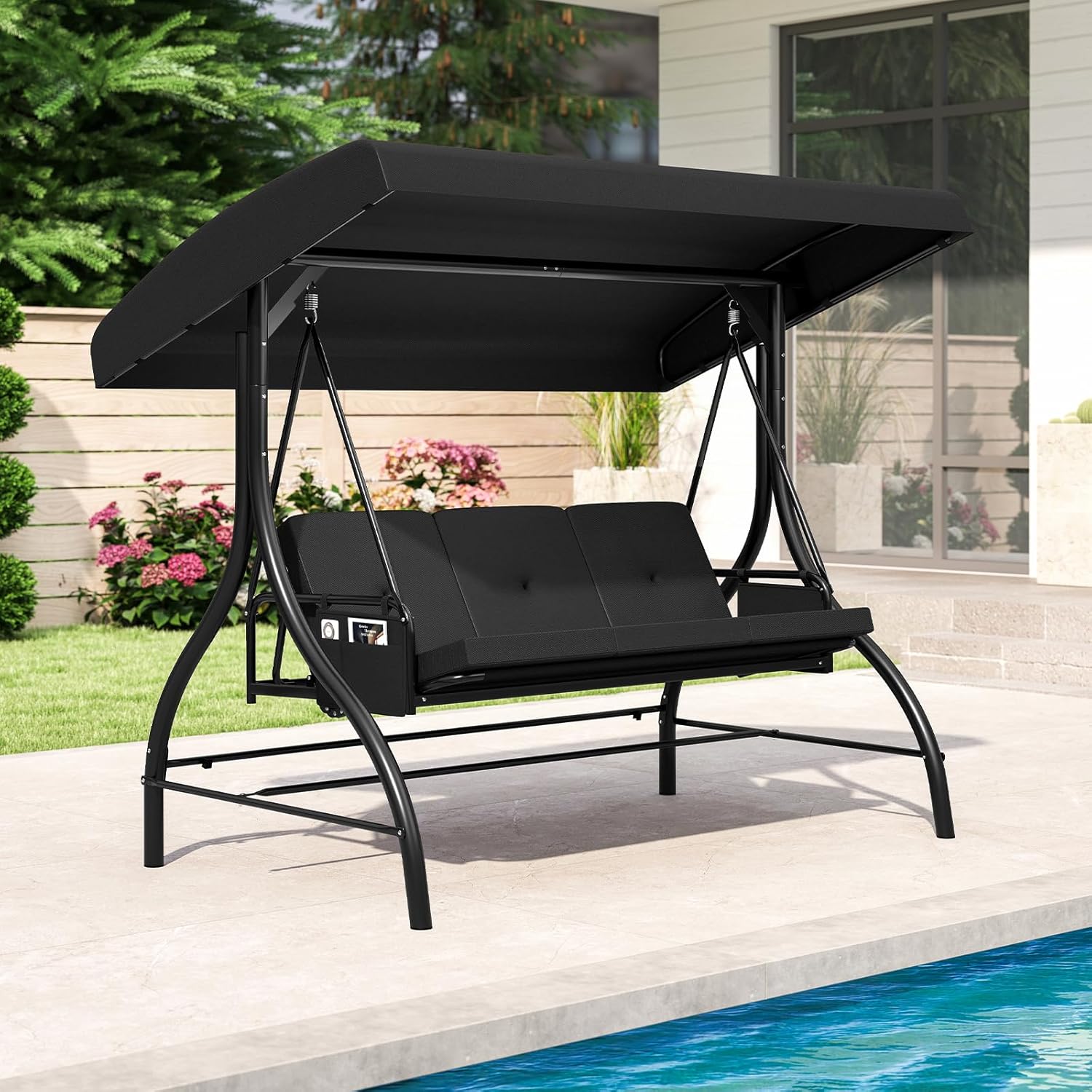 Tangkula 3 Person Porch Swing, 2-in-1 Convertible Outdoor Swing with Adjustable Canopy, Removable Cushions, Metal Frame, Side Pockets for Backyard, Garden, Porch (Black)