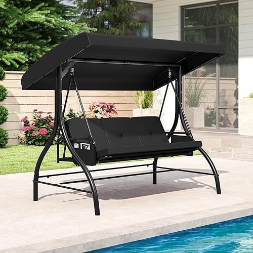 Miniatura 2 de Tangkula Columpio para porche para 3 personas, columpio convertible 2 en 1 para exteriores con toldo ajustable, cojines extraíbles, marco de metal,