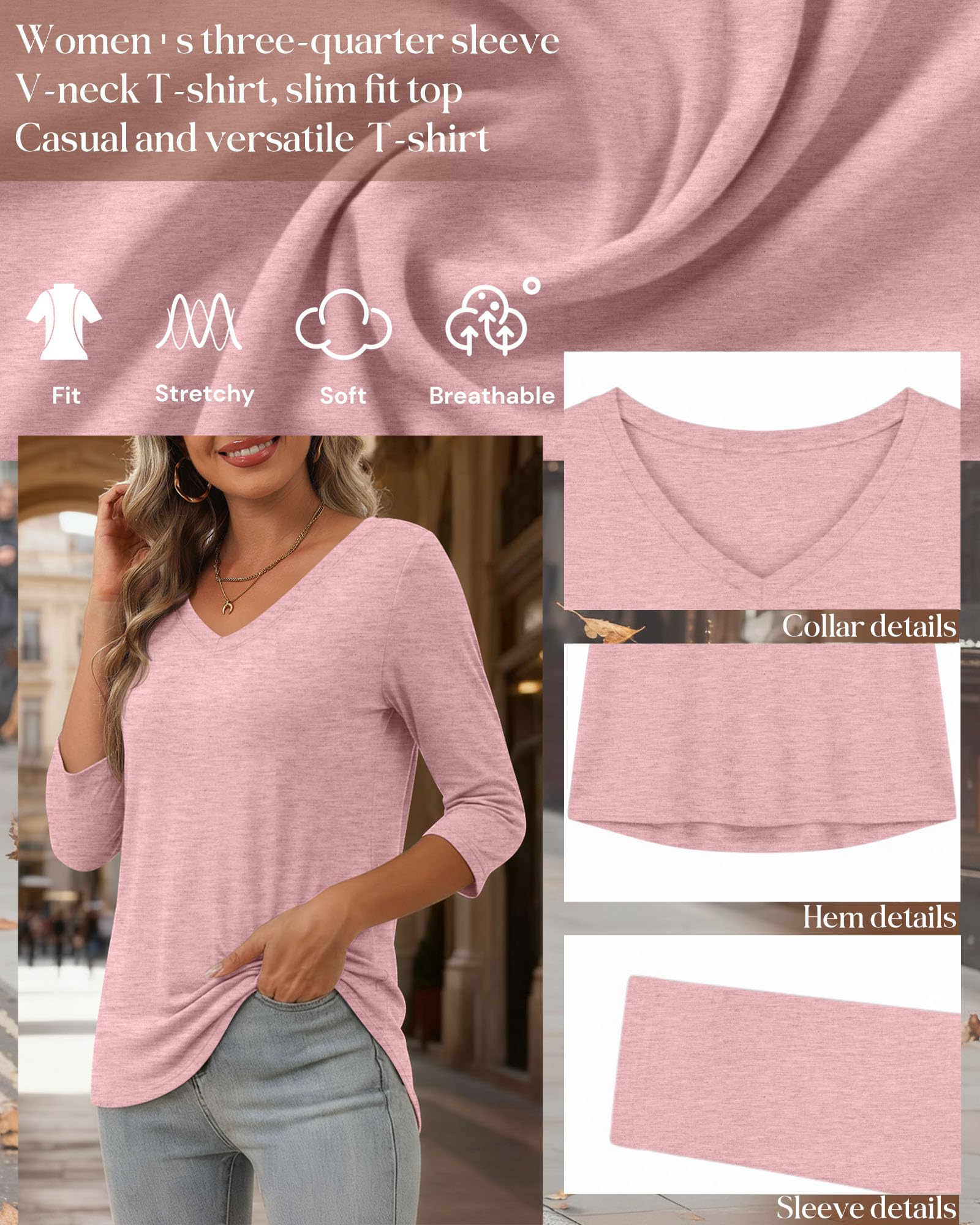 Ficerd Confezione da 4 Magliette da Donna a Maniche a 3/4 con Scollo a V, Top Casual in Cotone, t-Shirt Basic alla Moda