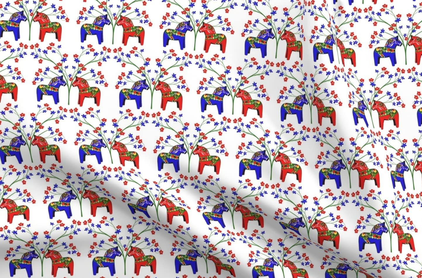 Spoonflower Fabric - Floral Swedish Dala Horses Flowers Horse Folk Art Printed on Organic Cotton Sateen Fabric by The Yard - Sewing Quilting Apparel Home Decor