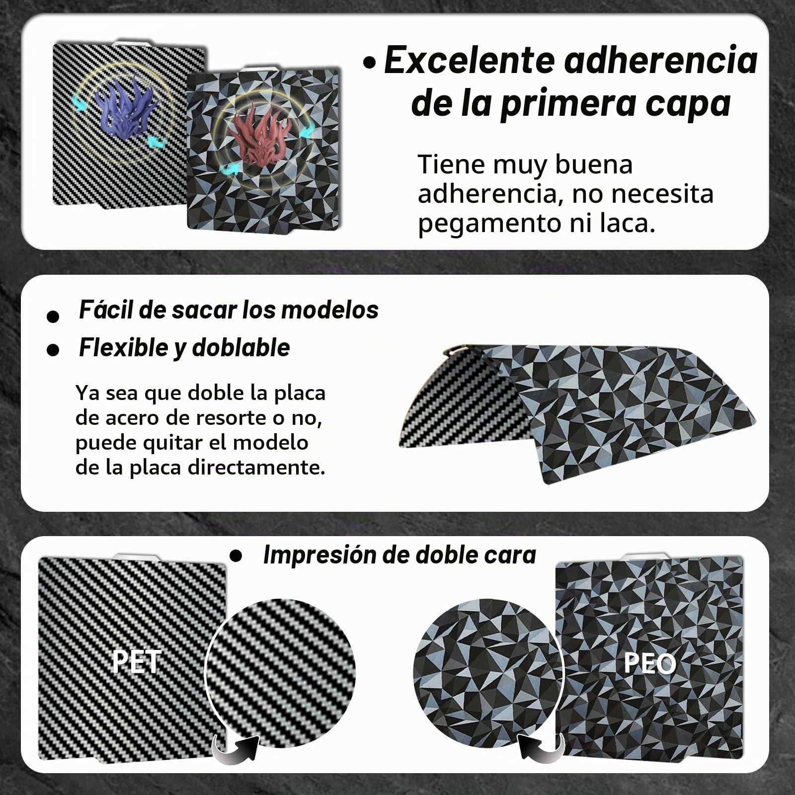 para bambulab placa de impresión PEO PET PEI para Bambu Lab a1, X1C, X1E, P1P, P1S, P2S, X1, placa de carbono texturizada PEO PET de 257x257mm para filamento bambulab
