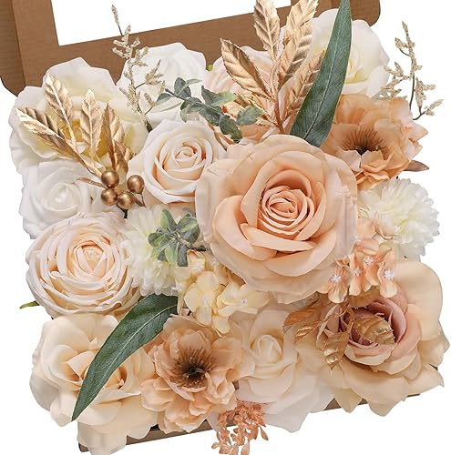 Serwalin Flores artificiales bohemias, flores de champán, flores falsas de boda, flores de torta para ramos de boda, centros de mesa de despedida de