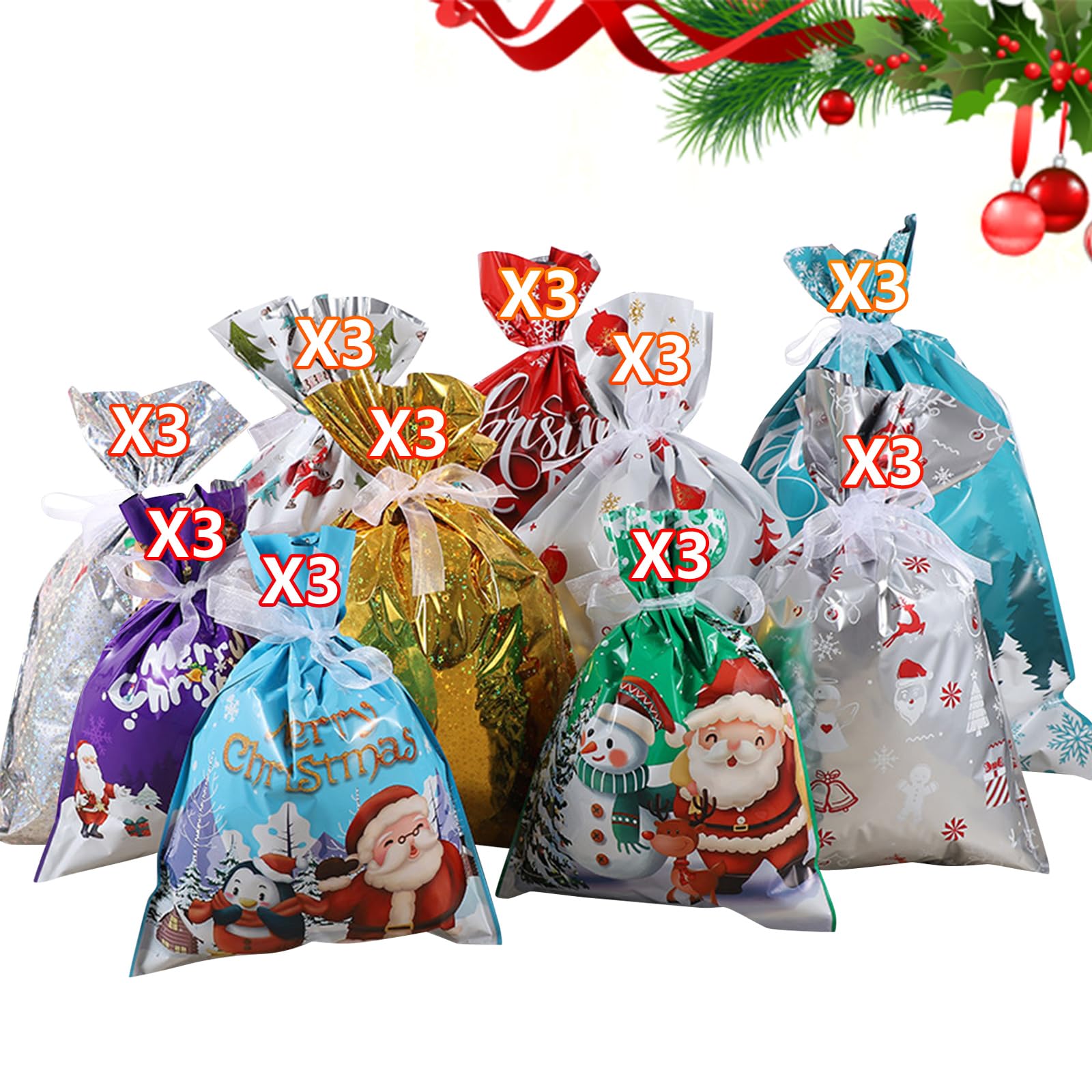 KAQNTUD Pack of 30 Holiday Storage Bags Mix Secure Ribbon Closure for Christmas Birthday Gifts Party Supplies Santa Claus