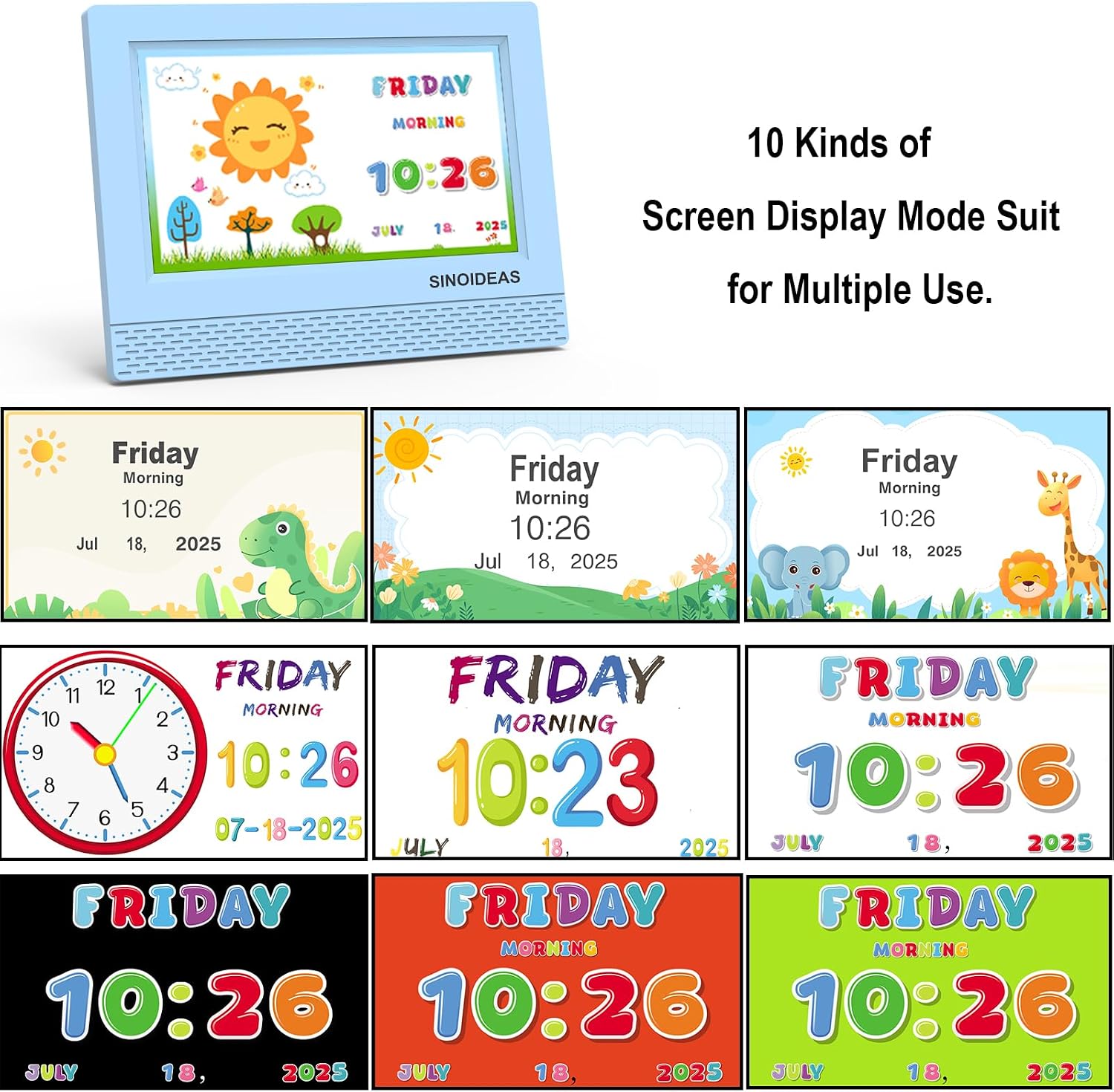 SINOIDEAS 7-Inch Kids' Digital Alarm Clock,Children's Sleep Trainer with Remote Control & Custom Reminder Function