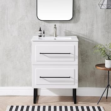 24 Inch White Bathroom Vanity with Ceramic Sink, Modern Bathroom Cabinet Vanity for Small Space, Freestanding Storage Bathroom Vanity with 2 Soft Closing Drawers
