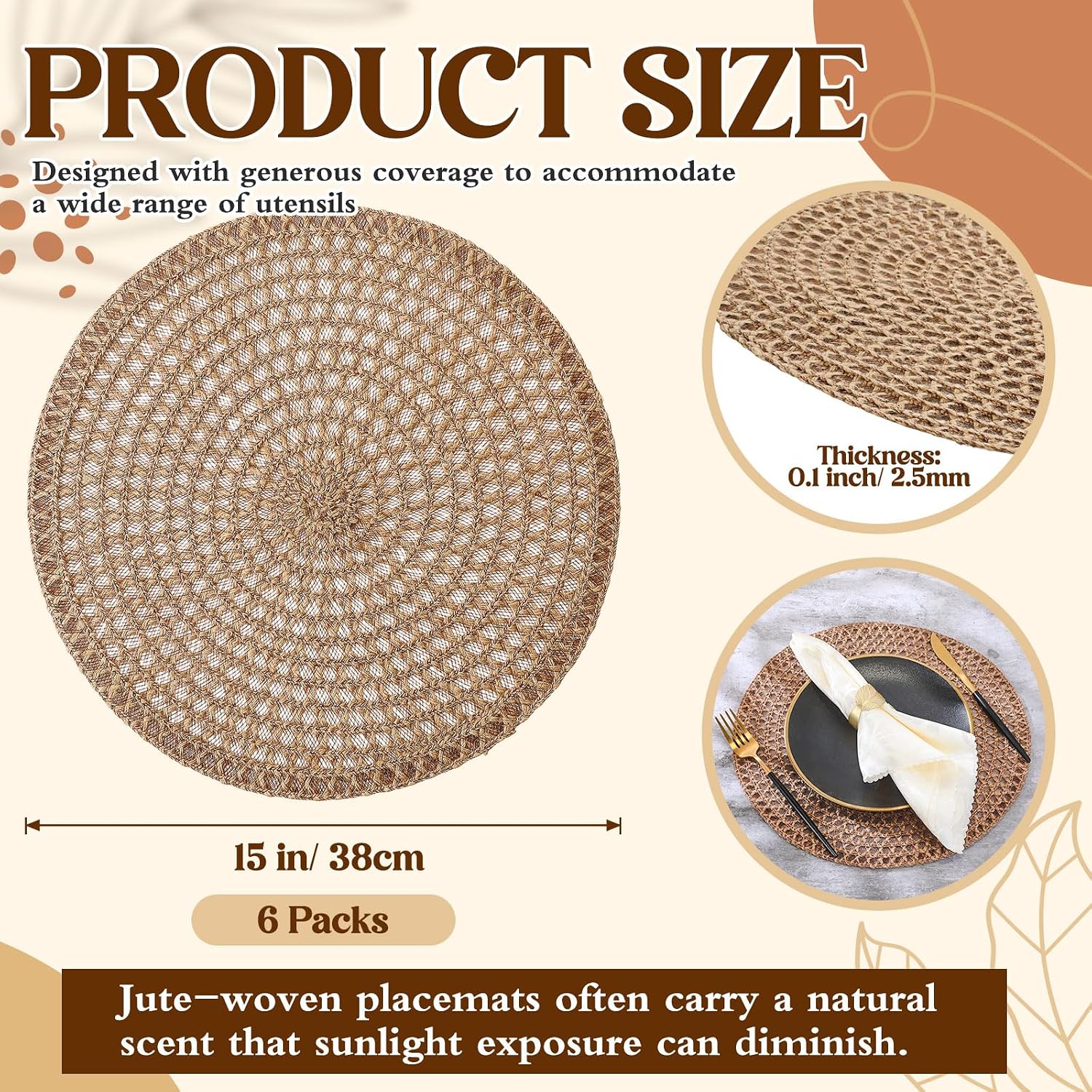 15 inch round burlap placemat set of 6 boho jute woven charger bulk rustic vintage natural brown heat resistant dining table mat for wedding farmhouse home kitchen summer outdoor decoration 6 classic 15 inch