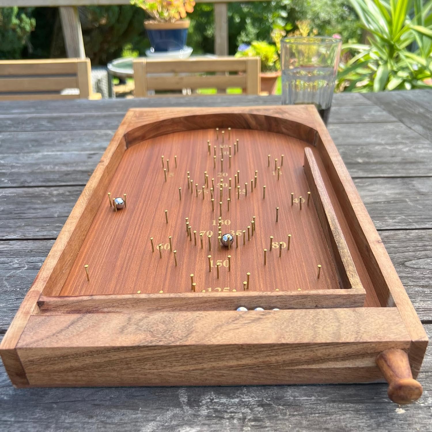 Classic vintage style TABLETOP PINBALL BAGATELLE GAME 40cm x 25cm, Spring plunger with brass pins and steel balls, Shesham Rose wood board, vintage traditional pub game