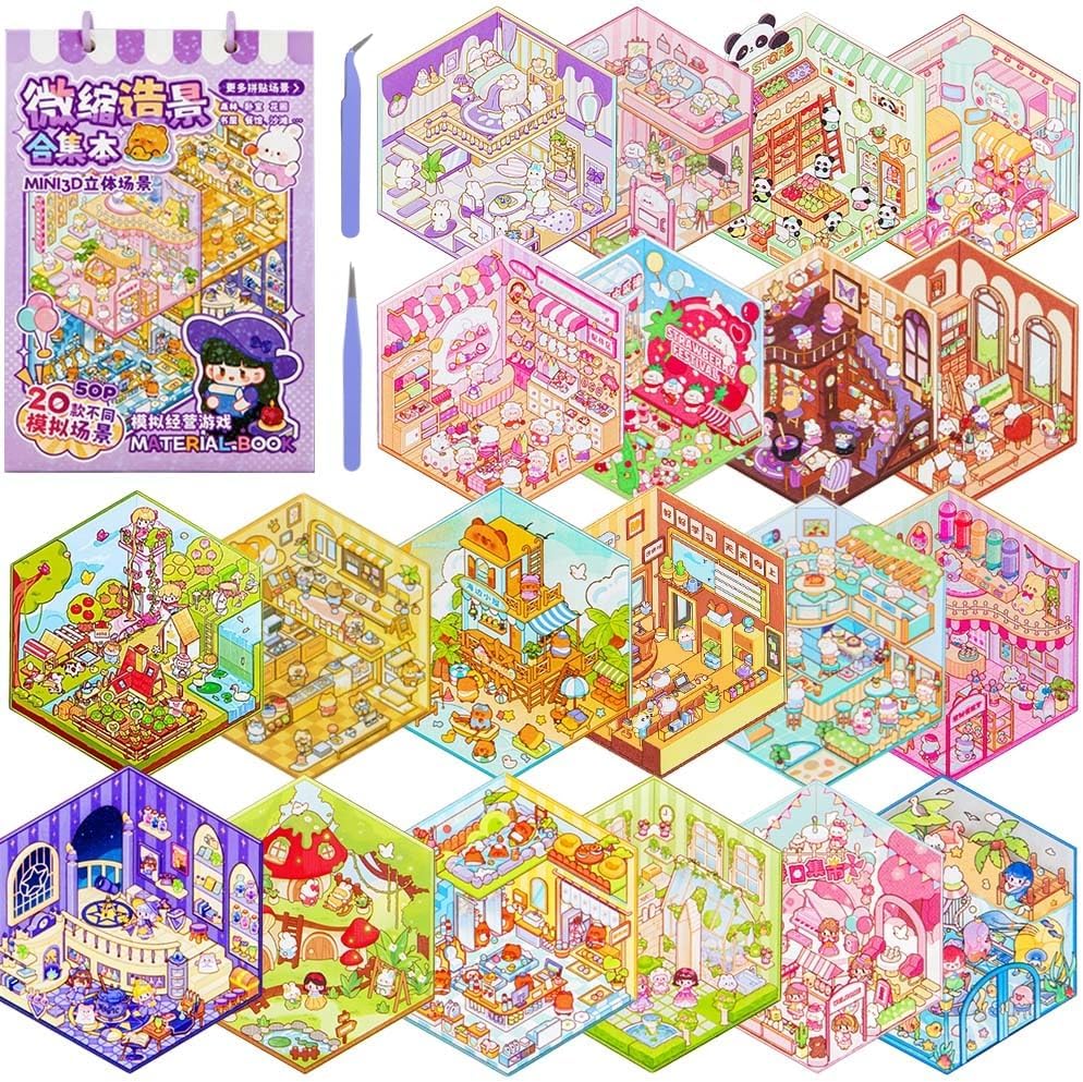 20 Sets 3D Sticker Scene Book,Cute Cartoon Stickers,Isometric Miniature Room Sticker Book,Make Your OwnHouse Scenes Sticker Therapy for Adult Relief Stress Pass The Time
