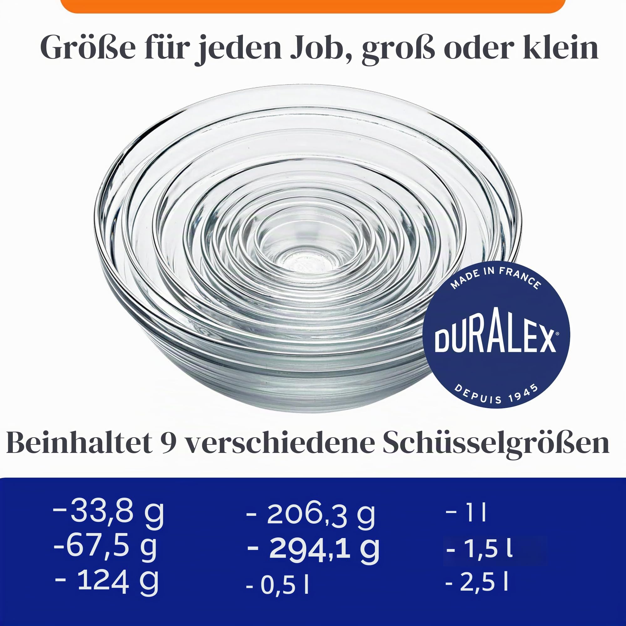 Duralex Gigogne Stackable Glass Mixing Bowl Set, 9 Piece