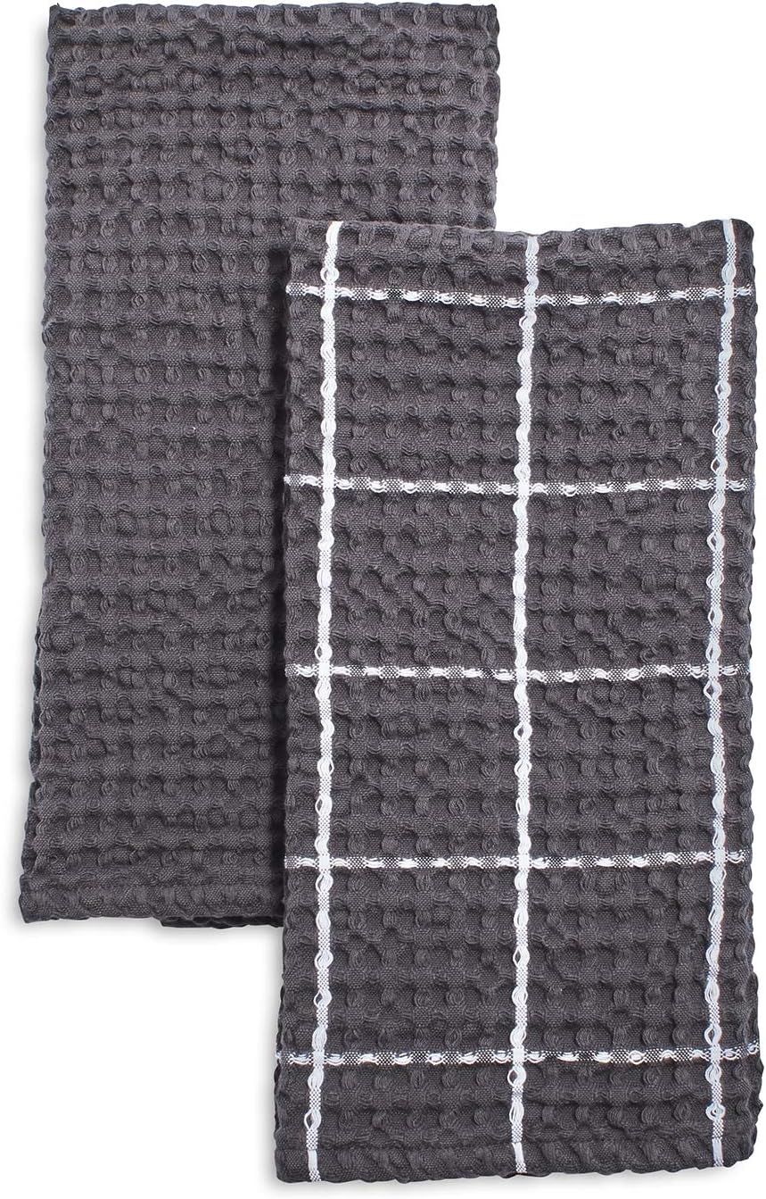 Sur La Table Washed Waffle Kitchen Towels – Set of 2 Ultra-Absorbent 28" x 20" Cotton Dish Towels with Soft Textured Weave, Non-Scratch, Machine Washable for Everyday Use, Charcoal