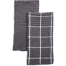 Sur La Table Washed Waffle Kitchen Towels Set of 2 Ultra-Absorbent 28" x 20" Cotton Dish Towels with Soft Textured Weave, Non-Scratch, Machine Washable for Everyday Use, Charcoal