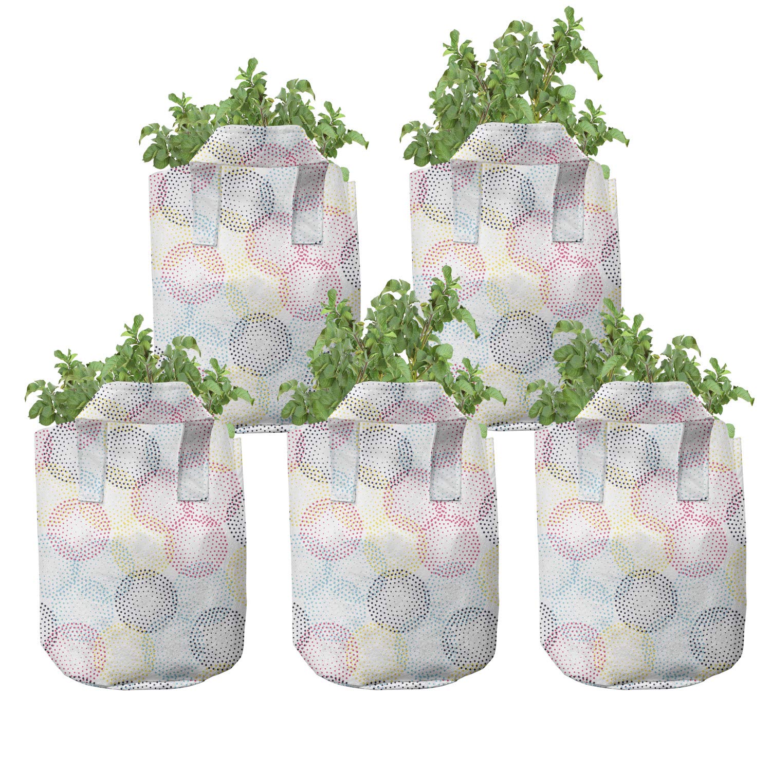 Ambesonne Geometric Grow Bags 5-Pack, Modern Pointillism Rounds, Heavyduty Fabric Pots with Handles for Plants, White and Multicolor