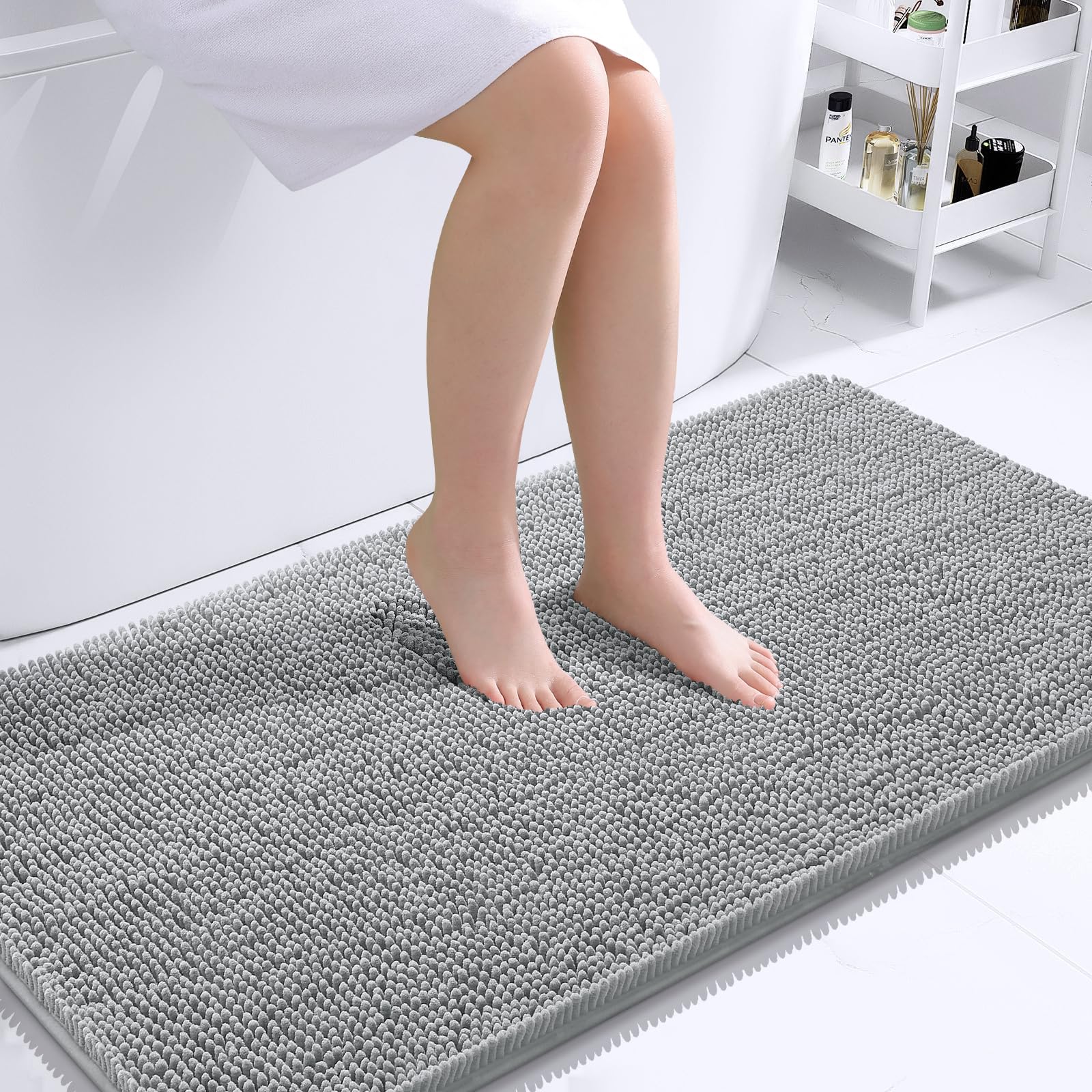 OLANLY Bathroom Runner Rugs 44x24, Extra Soft Absorbent Chenille Bath Rugs | Light Grey, Quick-Drying Rubber Backing, Washable Long Bath Mat for Bathroom Floor, Tub and Shower, Home Decor Accessories