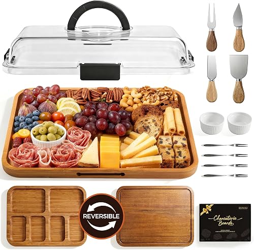 Renmxj Charcuterie Board with Lid, Carbonized Bamboo, Knives Set and Bowls