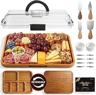 Renmxj Charcuterie Boards with Lid Gift Set, 2 in 1 Travel Portable Cheese Board with Knives Set, Carbonized Bamboo Charcuterie Tray, Housewarming Gifts New Home, Picnic, Wedding Gifts, Black Handle