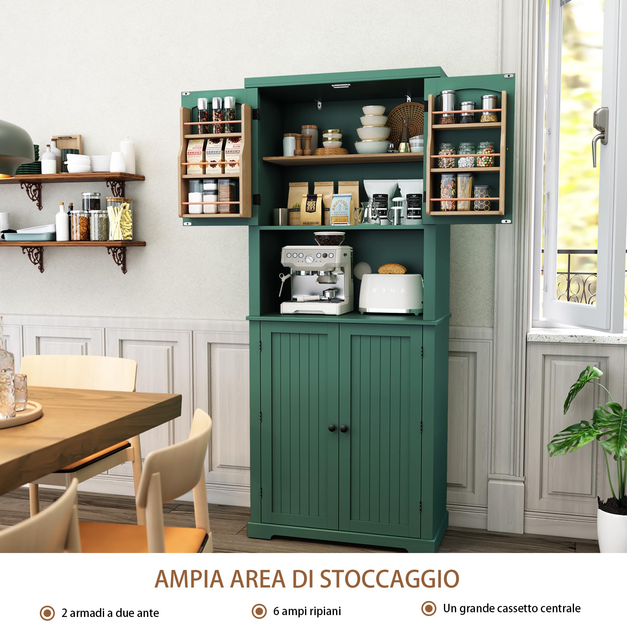 HOLTICO Dispensa da Cucina Alta, Armadietto Multifunzione con Scaffali sulle Ante e Ripiani, Mobile Alto per Alimenti, Credenza Moderna per Soggiorno, Cucina e Lavanderia, Verde Salvia