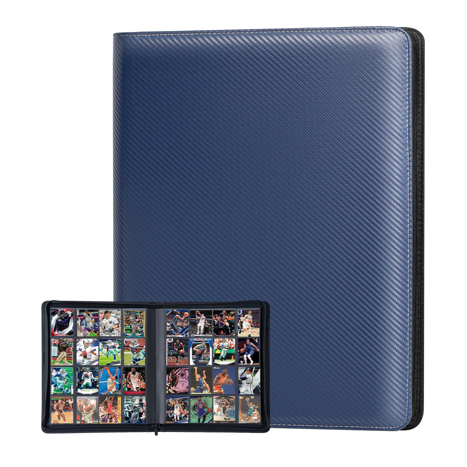 HESPLUS 1000+ Pockets Trading Card Binder, 16 Pocket Ringless Card Binder Album Folder - Premium Side Loading Zip Binder for Yu-Gi-Oh, TCG, Sports, Game Trading Cards -Navyblue