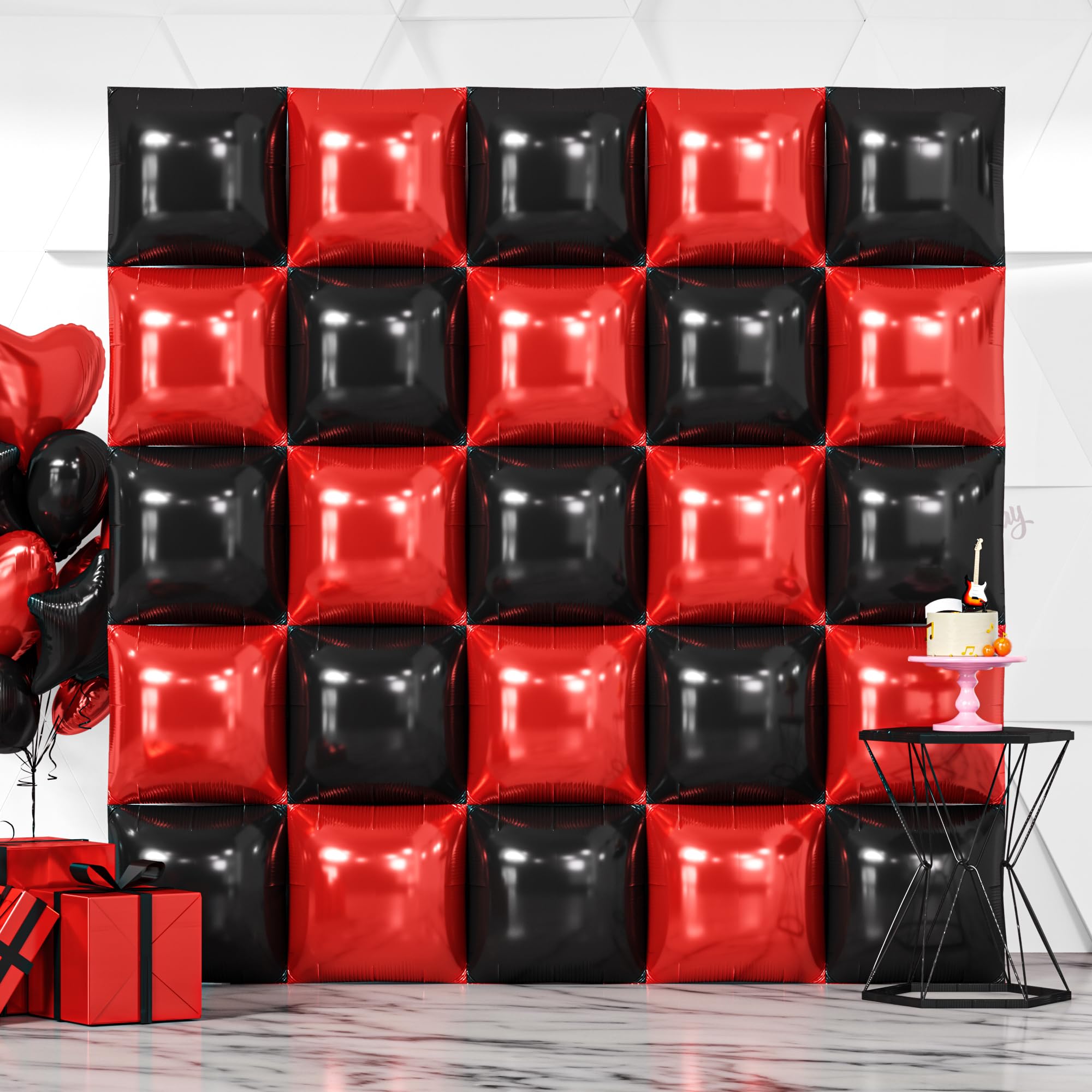 NISOCY 25PCS Red Black Square Foil Balloons Wall Backdrop Double Sided Red Black Balloons Arch Kit for Birthday Valentine's Day Halloween Graduation
