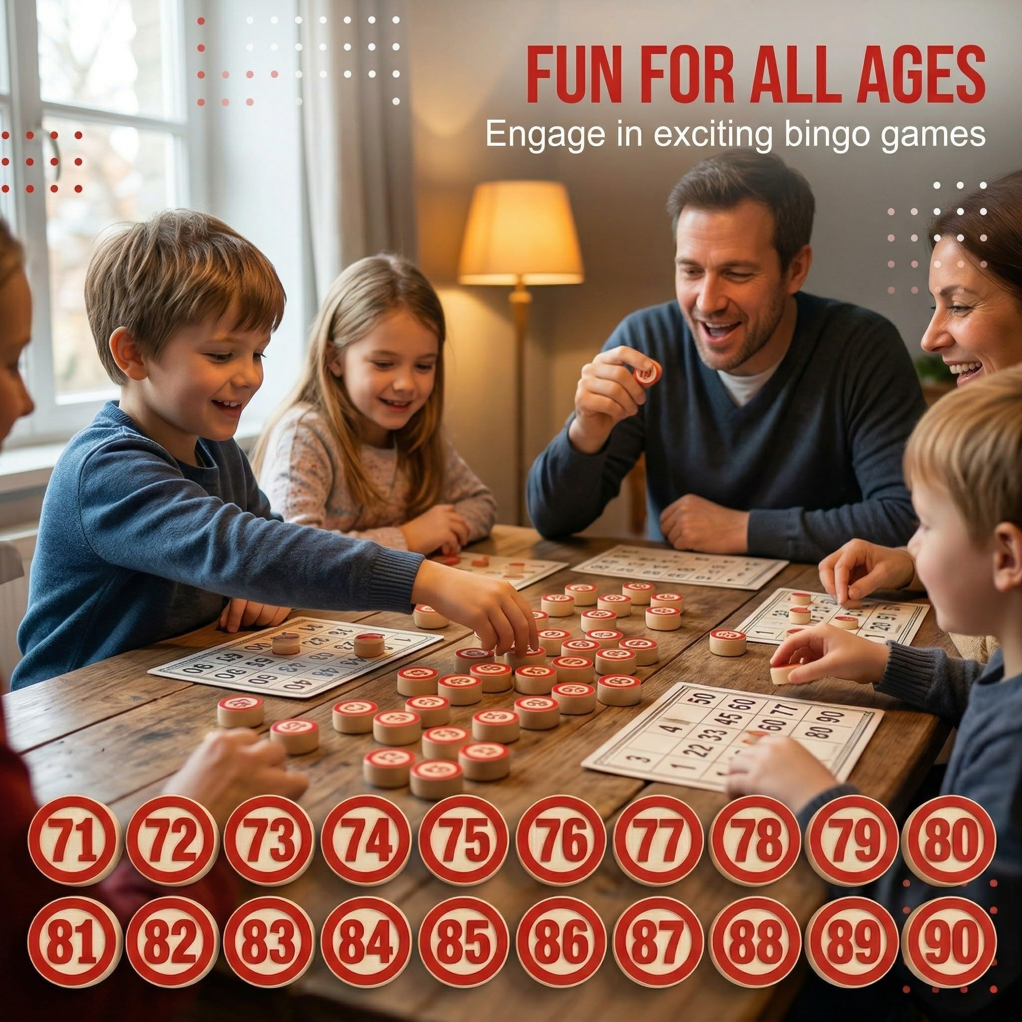 Gra Bingo Tradycyjne Lotto, 90 Numerowanych 2-Strony Bingo, Drewniane Żetony, Drewniane Bingo Klasyczne Drewniane Bingo