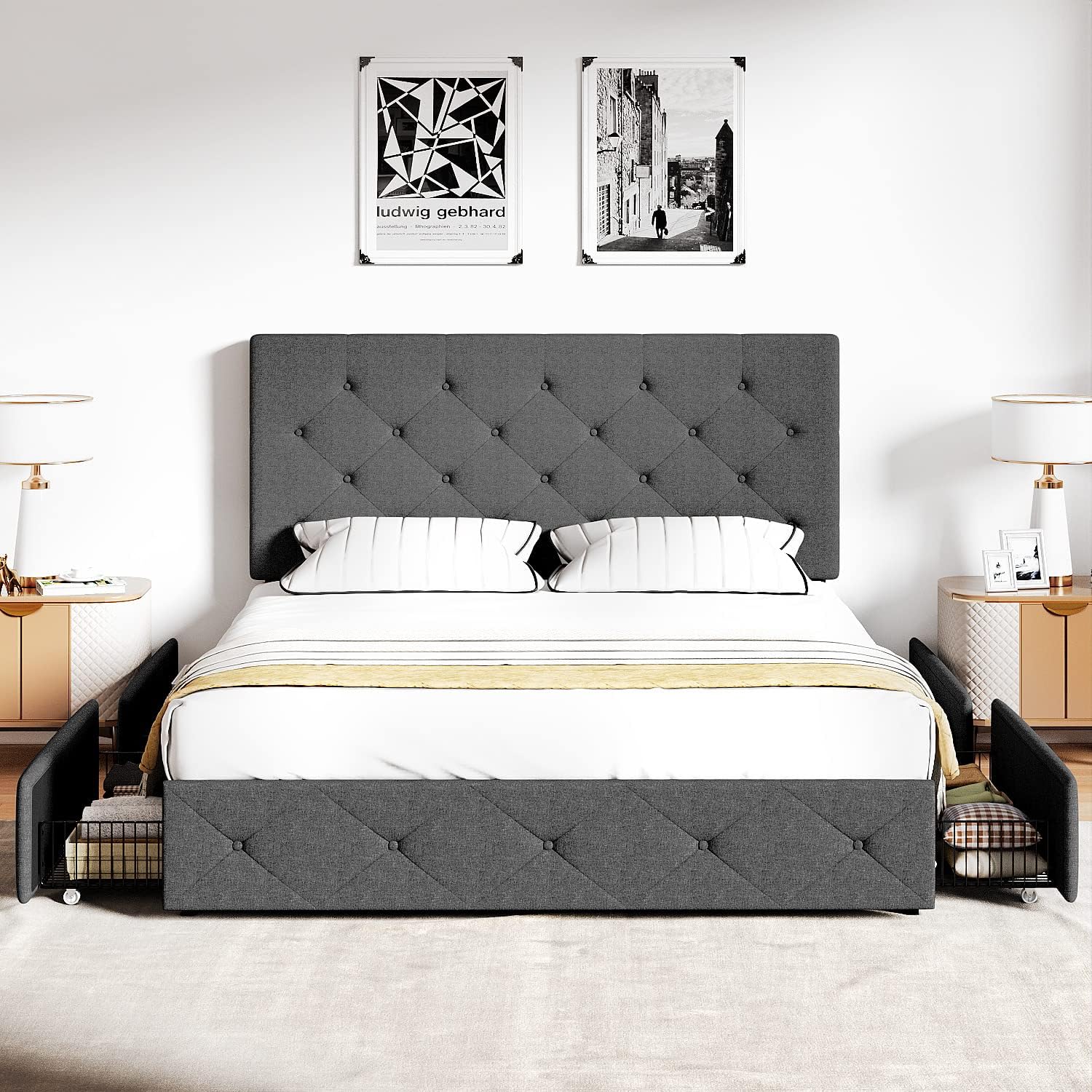 IMUsee Queen Bed Frame, Upholstered Platform Bed Frame with 4 storage drawers and Diamond Stitched Button Tufted Adjustable Headboard, Wood Slat Support, Easy Assembly, No Box Spring Needed, Dark Grey
