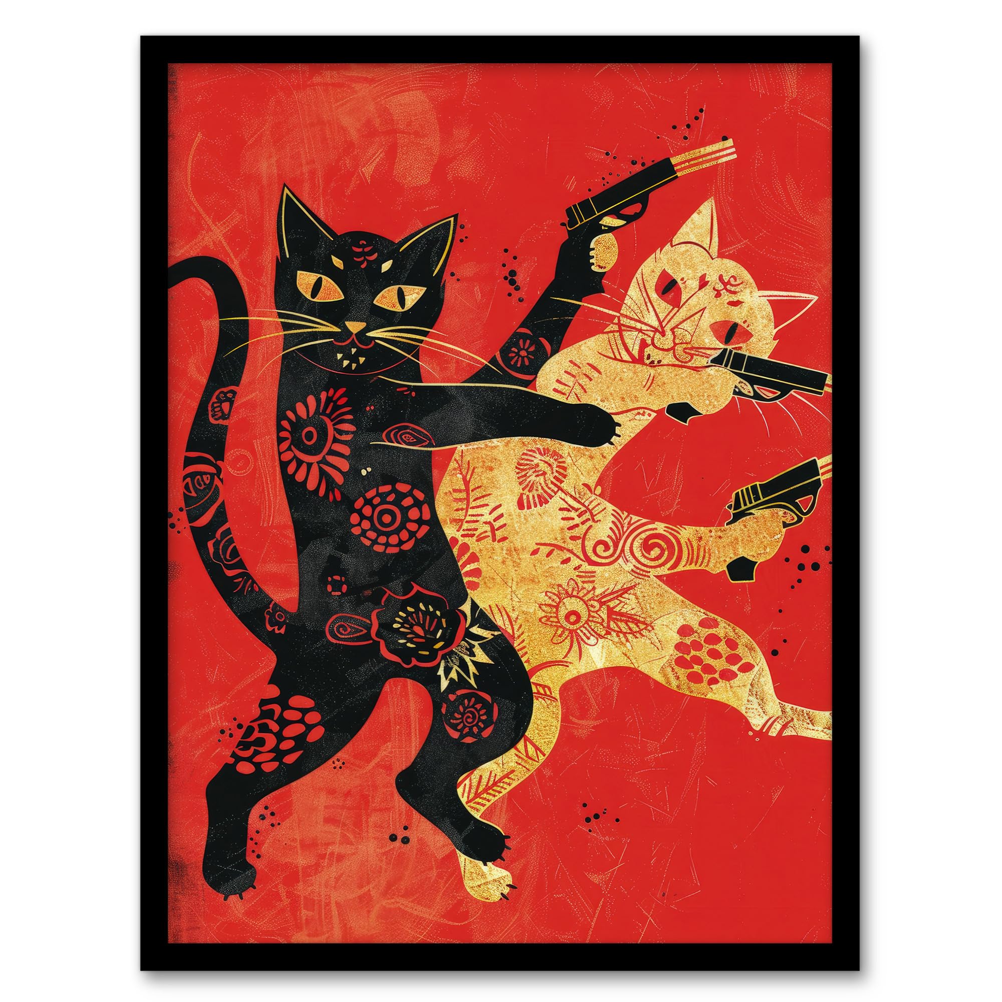 Artery8 Cat Fight Fun Lover Red Black Japanese Style Living Room Bathroom Artwork Framed Wall Art Print 18X24 Inch