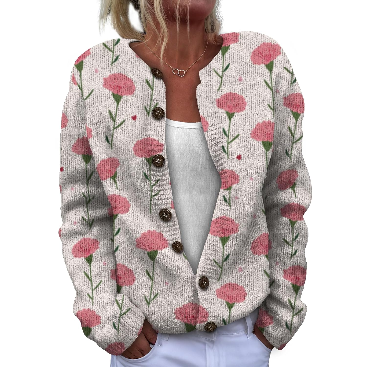 MARSVOVO Cardigan Sweaters for Women Classic Crewneck Long Sleeve Button Up Sweater Casual Vintage Fall Trendy Tops