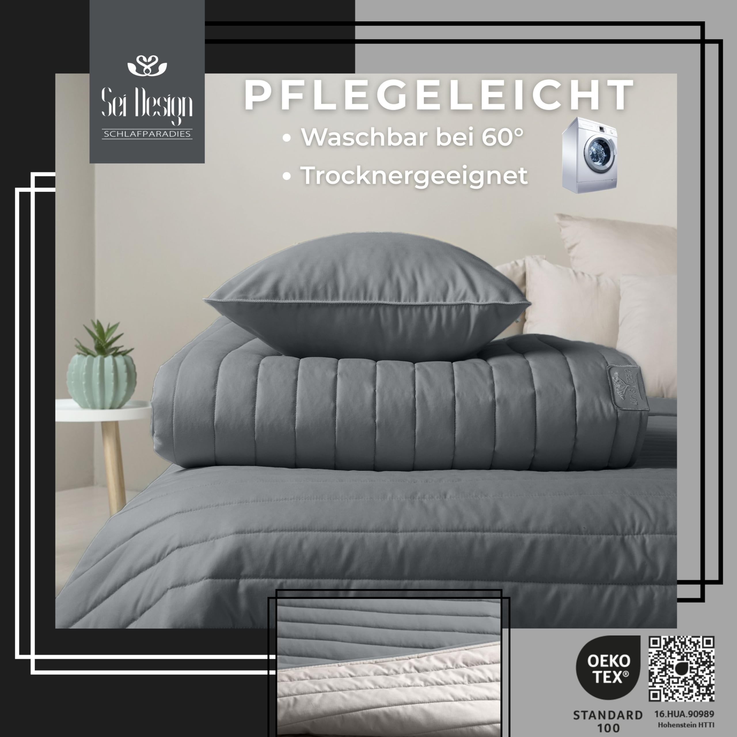 sei Design Luxus Tagesdecke 240x260 – Kuscheldecke & Überwurfdecke Beige - Grau – Sofadecke, Bettüberwurf & Deko für Schlafzimmer – Steppdecke flauschig, Wendedecke modern