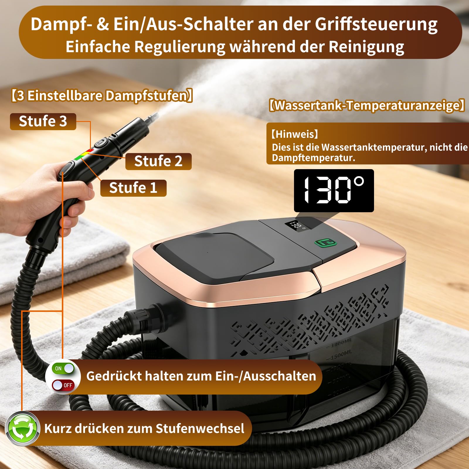 Dampfreiniger Handgerät, 2500W Handdampfreiniger mit Stufengriff, 8 Düsen, 1,8L Tank, 3 Dampfstufen, 4 BAR Hochdruck, 15S Heizzeit 105℃, Tragbarer Dampfreiniger für Auto Küche Bad Polster BBQ