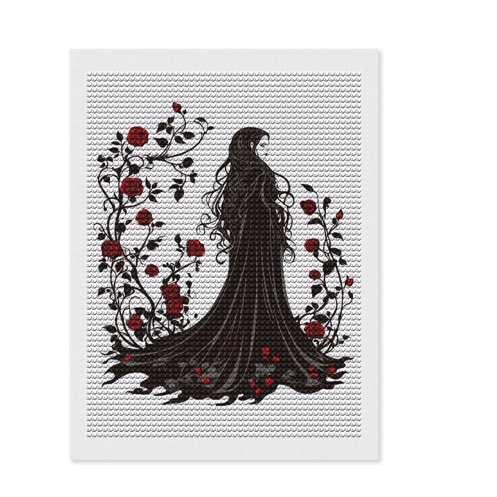 Junmoney Gothic Rose Woman DIY Diamond Art Canvas Kit 12"x16", Easy to Follow Symbols, Finish and Display, Creative Leisure Activity