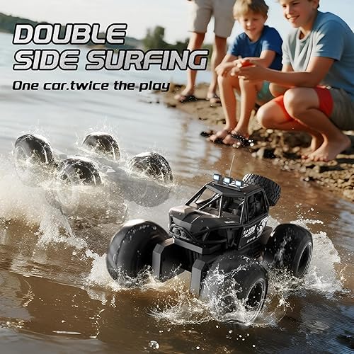 Miniatura 7 de 4DRC Y10 - Camión monstruo a control remoto anfibio impermeable, escala 114, faros LED, 2 baterías y control de doble modo, auto de control remoto