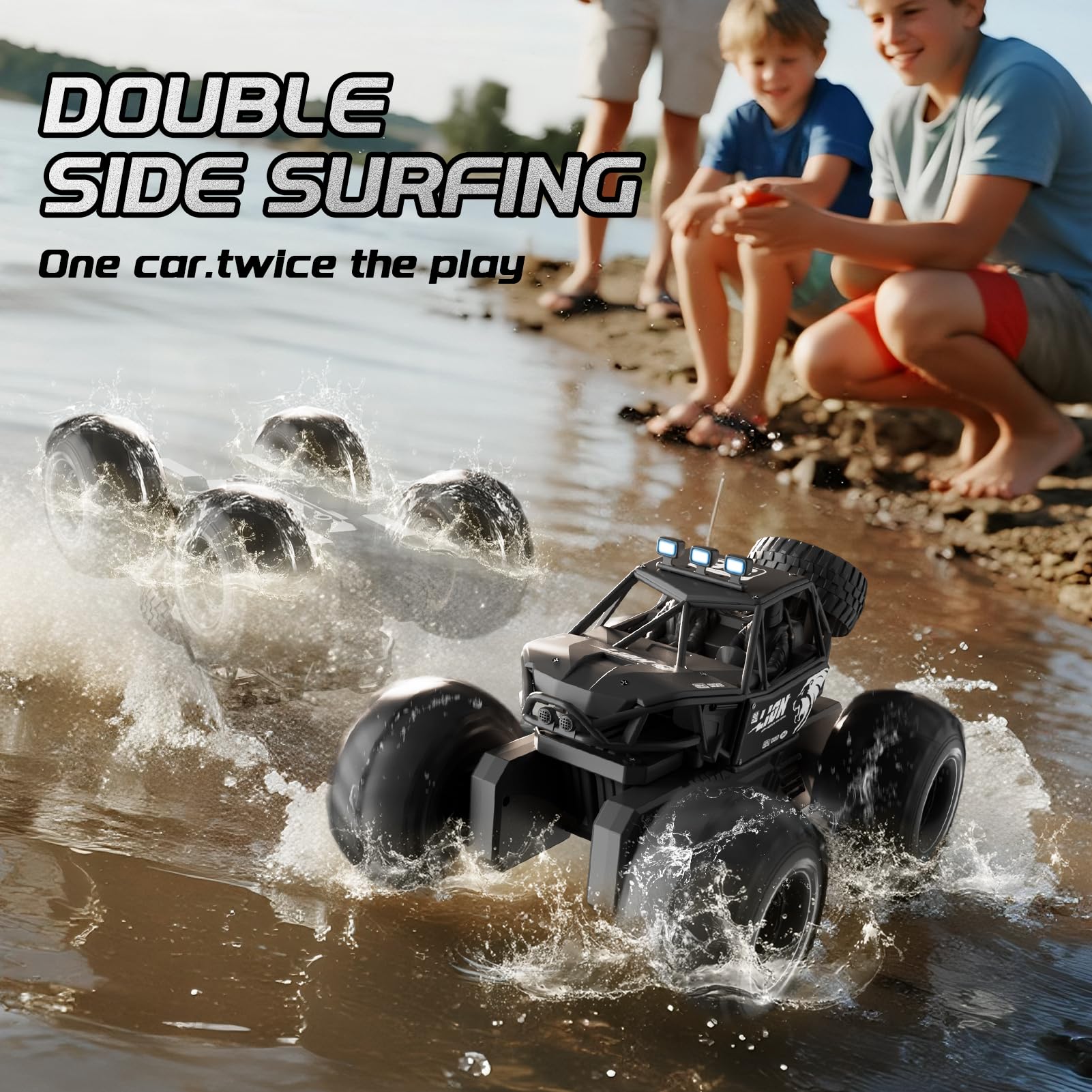 4DRC Y10 Véhicule amphibie télécommandé, Camion Monstre RC 4WD Tout-Terrain, Voiture RC acrobatique 2.4GHz pour garçons avec Blocs, Rotation 360°, +60min Jeu, étanche, Cadeau