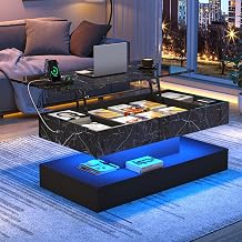 chartustriable 39.4" Large Lift Top Coffee Table, Modern LED High Glossy Coffee Table with Storage for Living Room, Lift Up Living Room Center Tables with Charging Station, LED Lights, Black