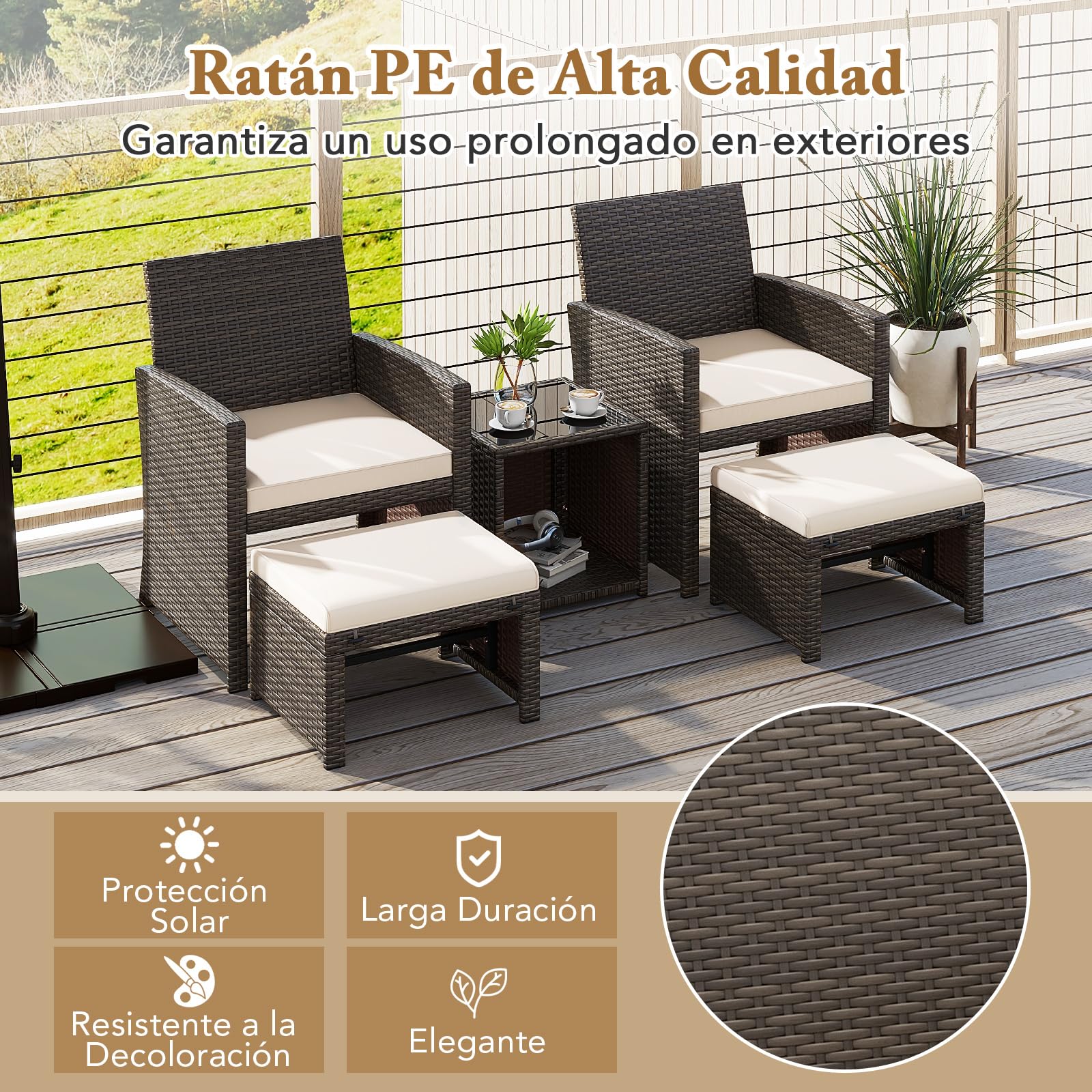 COSTWAY Conjunto de Muebles de Jardín de Ratán 5 Piezas, Set Conversación de Exterior con Silla y Otomana y Mesa Baja en Vidrio Templado, Cojines, Mesa y Sillas Terraza Jardín Patio Piscina (Blanco)