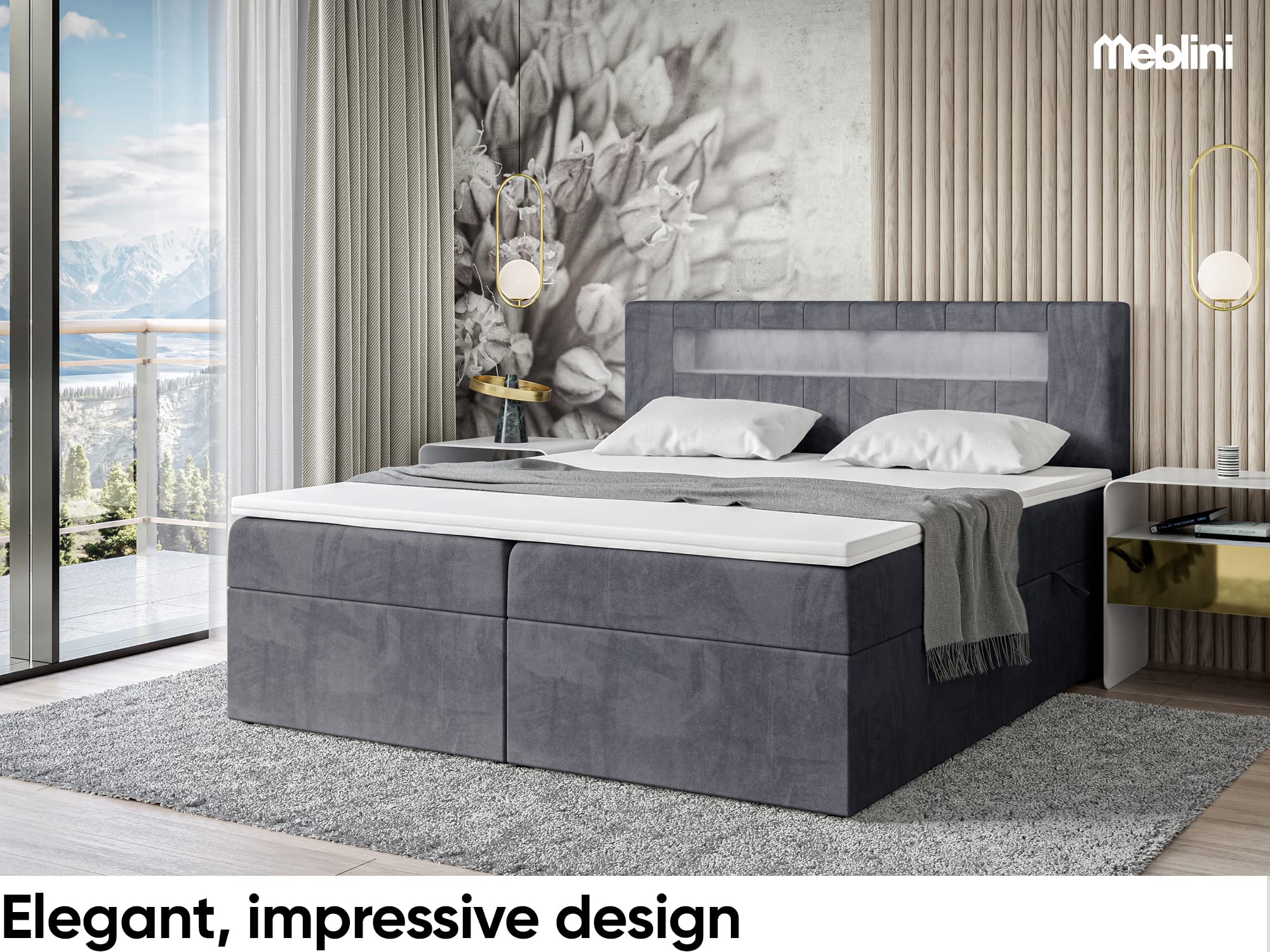 MEBLINI Boxspringbett mit Bettkasten - Bett mit LED Kopfteil - Gepolstert Doppelbett mit Matratze und Topper - Polsterbett mit Stauraum - Stauraumbett - ASPIN - 160x200 - H4/Dunkelgrau Samt